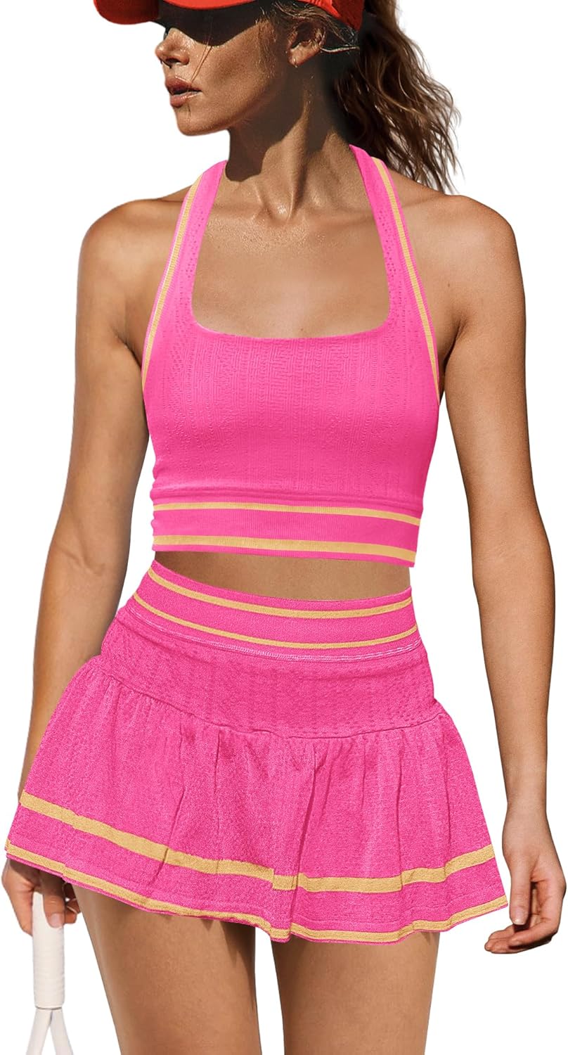 Yanekop Womens Tennis Skirt Set 2 Piece Workout Sets Golf Outfits Athletic Sets Cropped Tank Top and Skort with Shorts