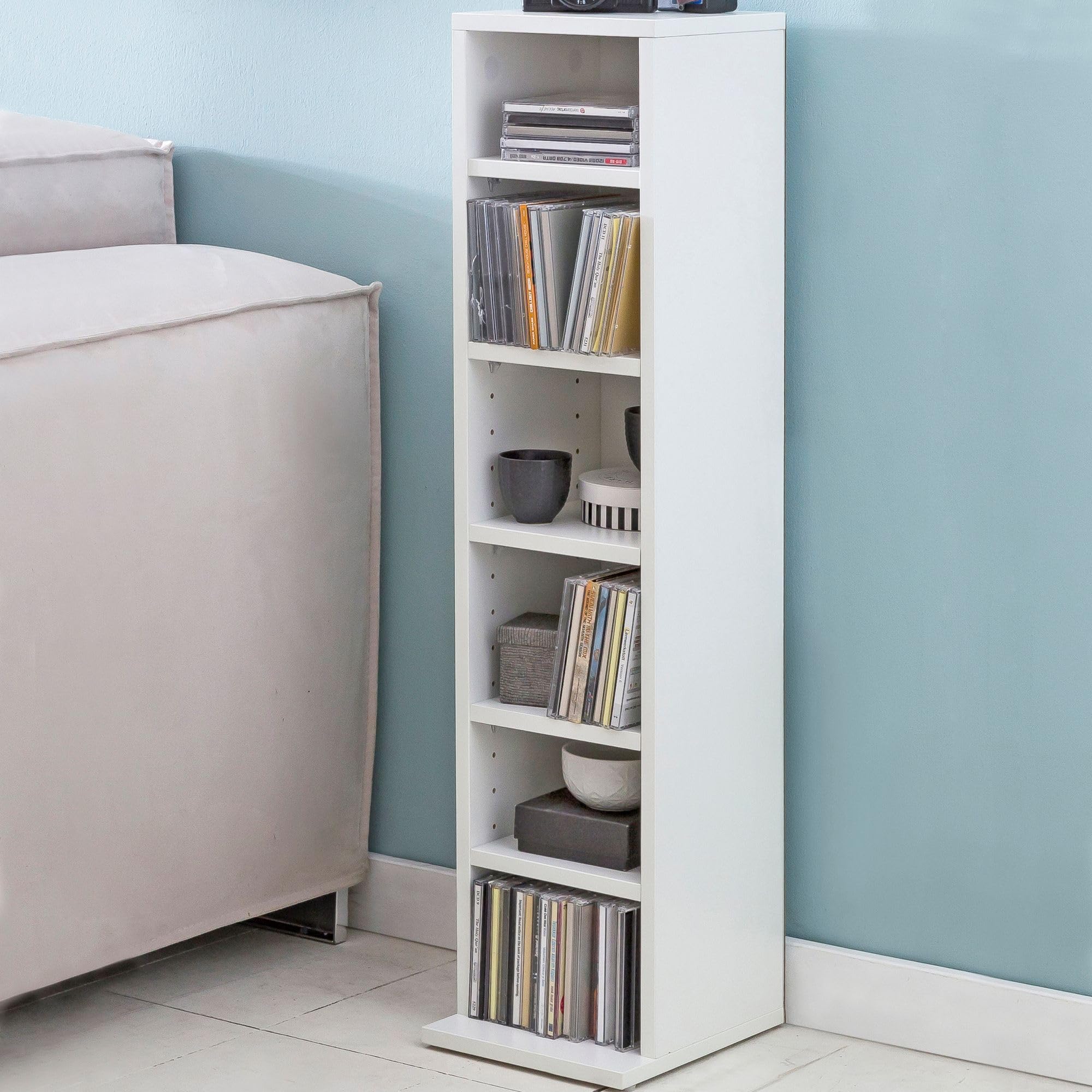FineBuy Porta CD 21x20x90 cm con 6 Scomparti, Scaffale Stretto | contenimento per CD e DVD, aperto scaffale salvaspazio, libreria per soggiorno e cameretta, essenziale