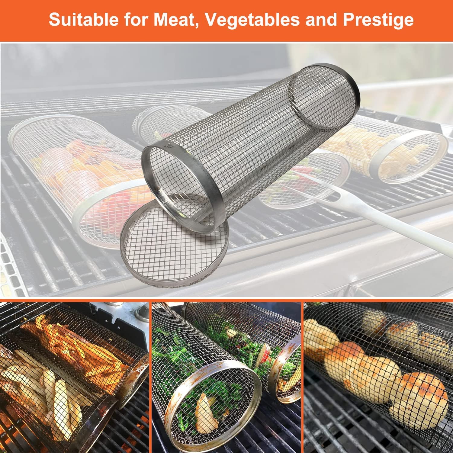 Grill Poisson Barbecue Panier Gril MasterCook Acier Inoxydable - Rond Perforé, Manche Long - Pour Légumes, Viande, Poisson BBQ Gril Panier Rond Barbecue Charbon Gaz