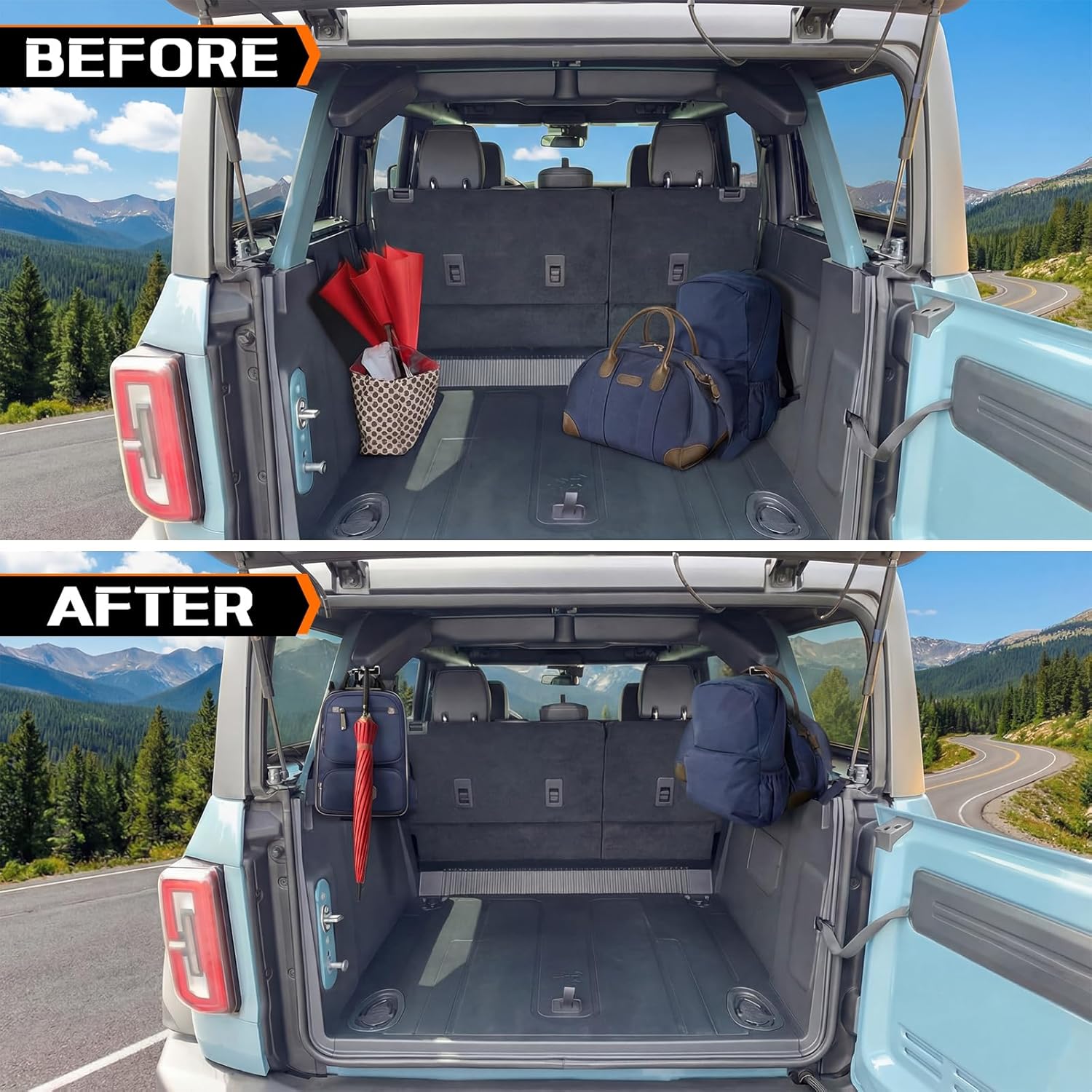 Outus 4 Pcs Aluminum Trunk Grocery Bag Hooks T & J Shaped Trunk Grocery Organizer Compatible with Bronco Accessories 2025 2024 2023 2022 2021 4-door Black Interior Organizer