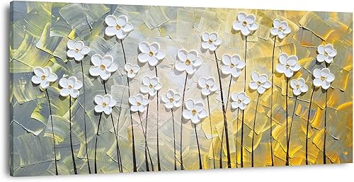 SYGALLERIER Lienzo de flores blancas pintadas a mano, pinturas con textura pesada, imágenes amarillas y blancas, obras de arte contemporáneas para