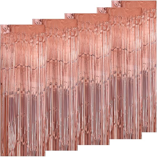 Kioneer Metallic Tinsel Curtains Rose gold 5 Packs 3 ft x 10 ft Foil Fringe Curtains for Photo Backdrop Door Wall Hanging Window Curtain Party Offiice Decoration (Rose gold)