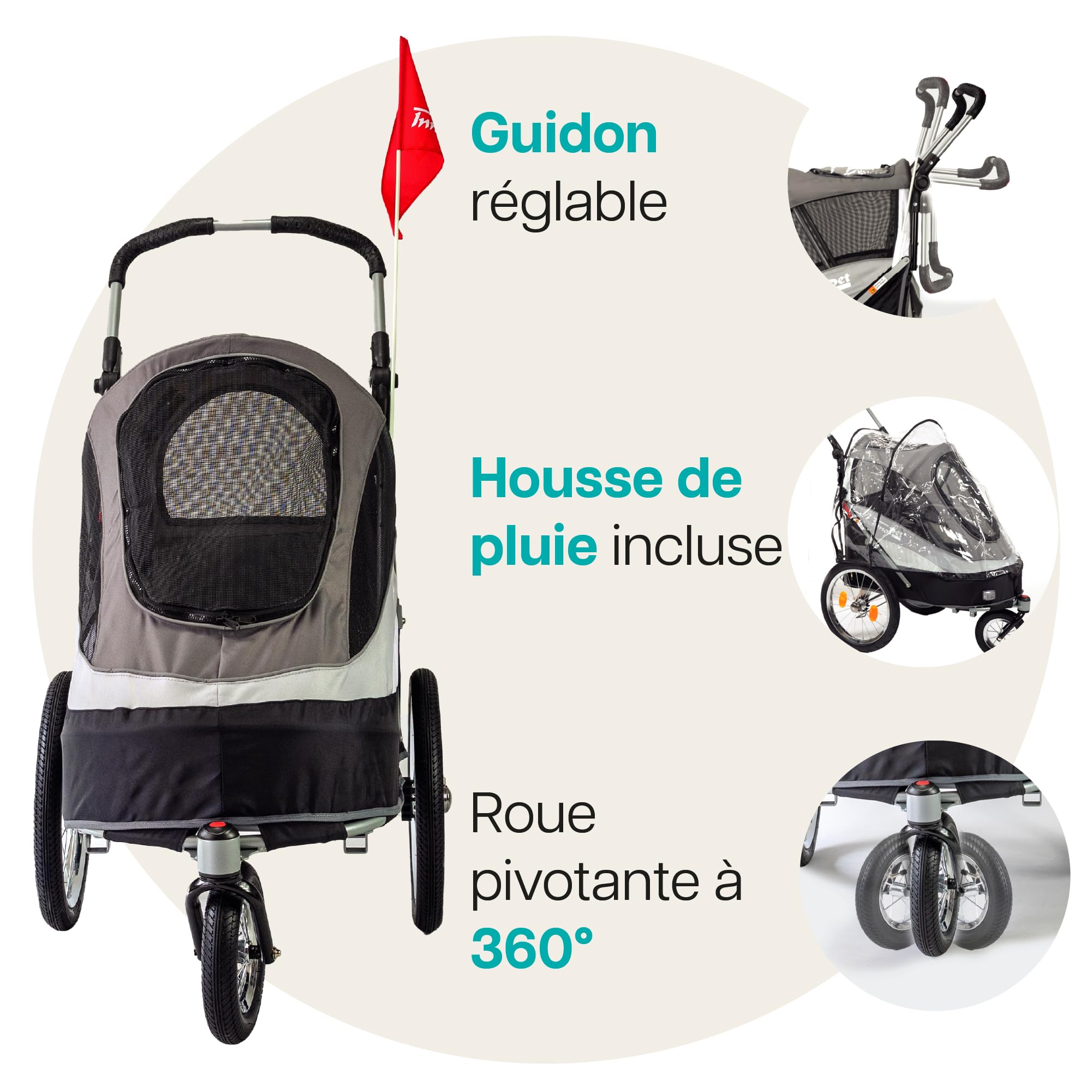 Innopet Sporty Dog Trailer Deluxe Noir/Argent - Poussette pour chien et remorque pour vélo 2 en 1 avec housse de pluie Capacité30 kg - Drapeau - Barre d'attelage et connecteur pour vélo