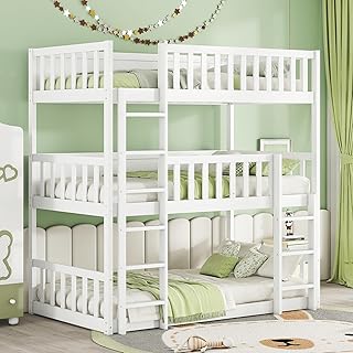 LUMISOL Twin Over Twin Over Twin Bunk Beds for 3 Kids, Wood Triple Bunk Bed with 2 Built-in Ladders and Safety Guardrails, Detachable Design, Easy Assembly, White