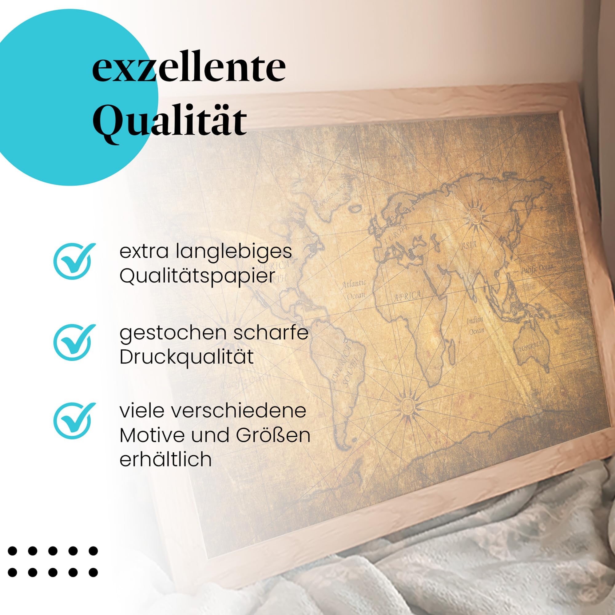 Postereck - 2077 - Alte Weltkarte, Kontinente Geografie Weltmeere - Unterricht Klassenzimmer Schule Wandposter Fotoposter Bilder Wandbild Wandbilder - Leinwand - 100,0 cm x 75,0 cm