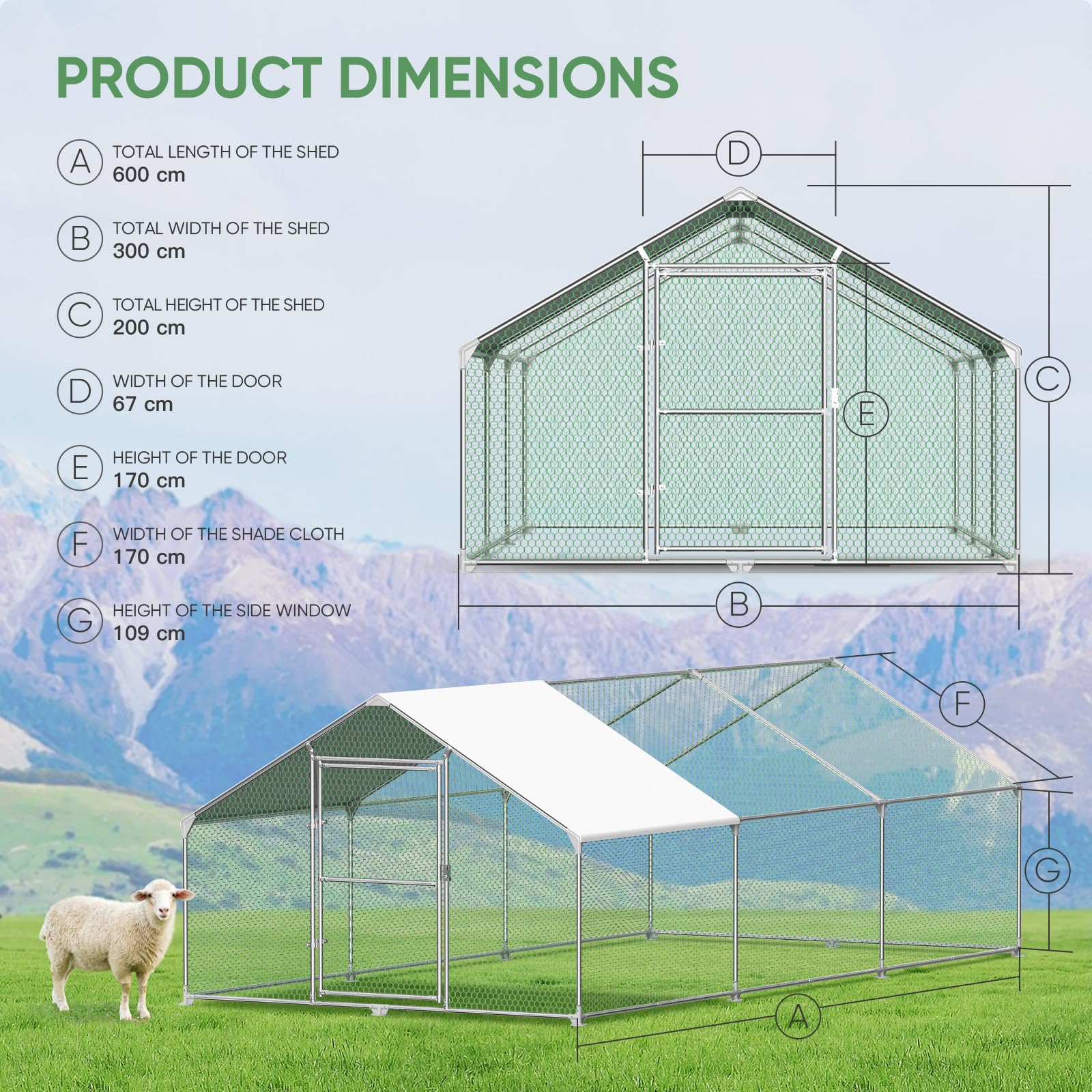 Pollaio per Galline da Esterno, Mangiatoia per Galline Rete per Pollaio con Serratura Gabbia in Metallo Zincato Tetto Ombreggiante Rivestito in PVC per Polli Conigli Piccoli Animali, 6x3x2m