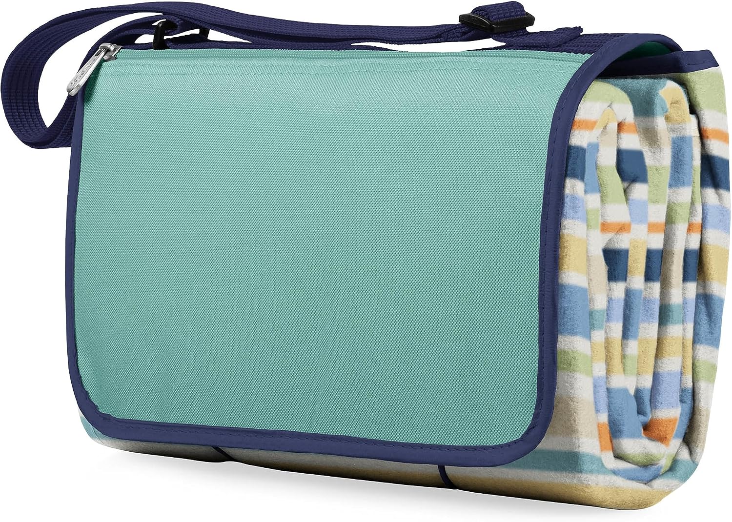 PICNIC TIME Outdoor Picnic Blanket Tote, 59"x51" Foldable Beach & Camping Blanket with Soft Fleece, Water-Resistant Bottom, Adjustable Strap & Zippered Pocket (St. Tropez - Sky Blue, Multi Stripe)