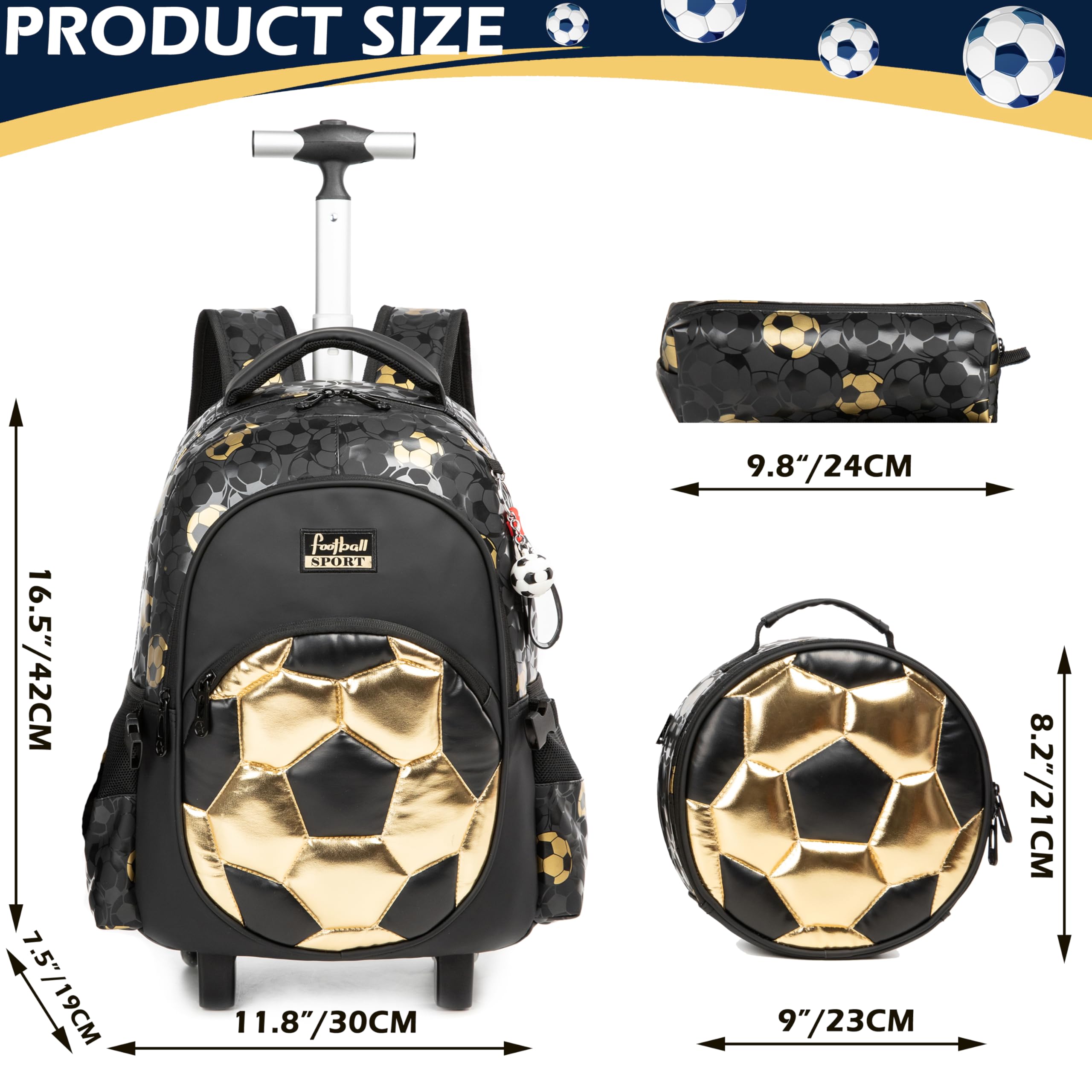 Meetbelify Rolling Backpack with Wheels for Boys Rolling Backpacks with Lunch Box Pencil Case for Elementary Students Kids Football Luggage Travel Suitcase for Boys 6-8