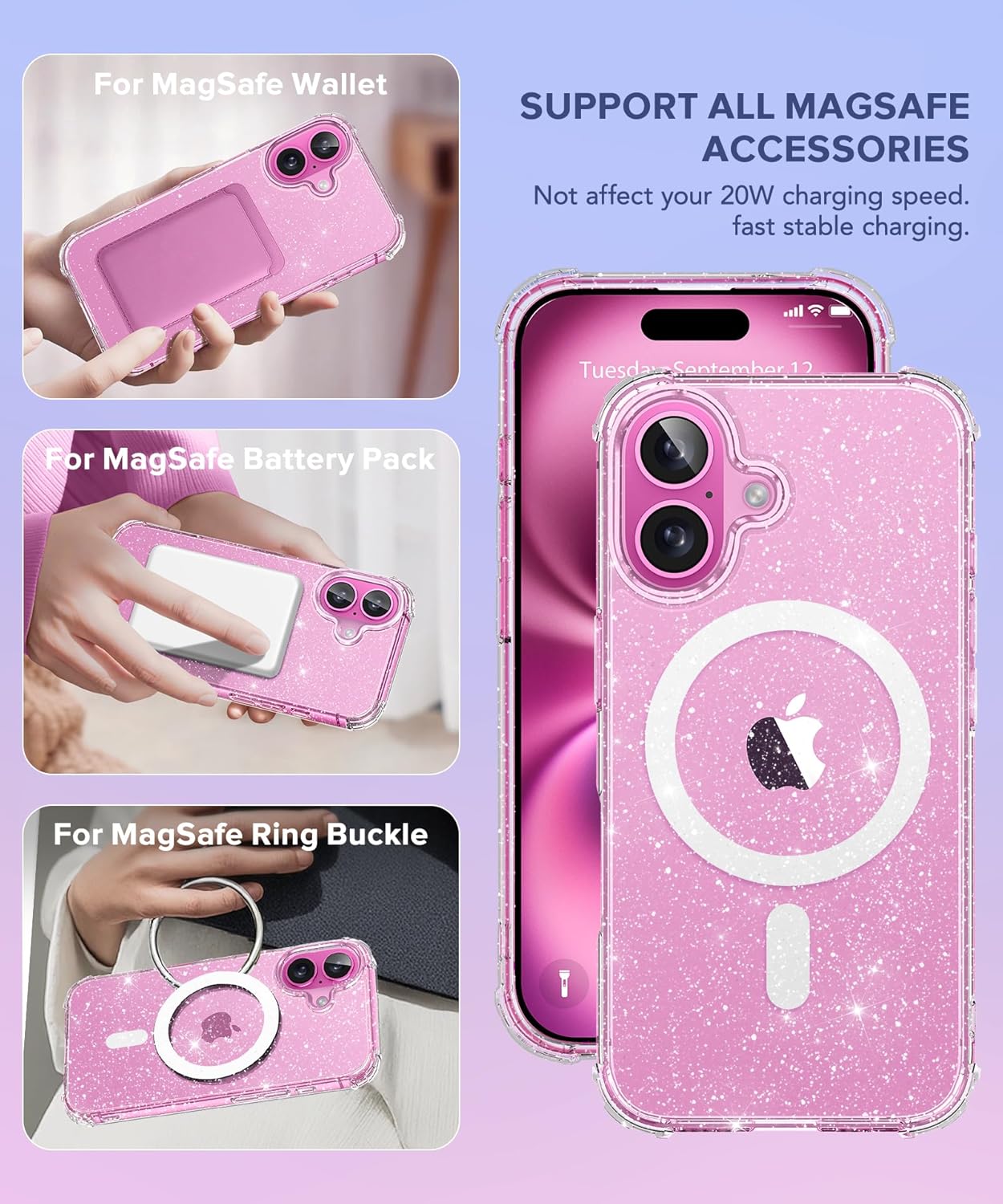 BERFY Magnetic for iPhone 16 Case, [Compatible with Magsafe], with Screen Protector + Camera Lens Protector, [Non-Yellowing] Clear Sparkly Shockproof Hard Phone Case for Women 6.1", Shiny Clear - Image 3