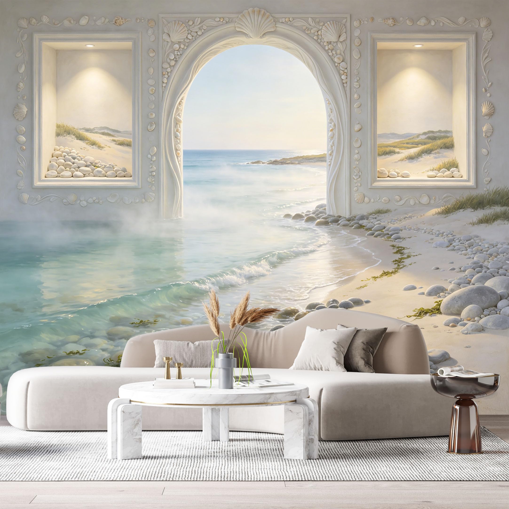 Custom Size Wall Murals Coastal Ocean Archway Seashore Stones 3D Trompe L'Oeil SelfAdhesiveWall Fabric Removable Wallpaper Wall Decor for Living Room Bedroom Bathroom