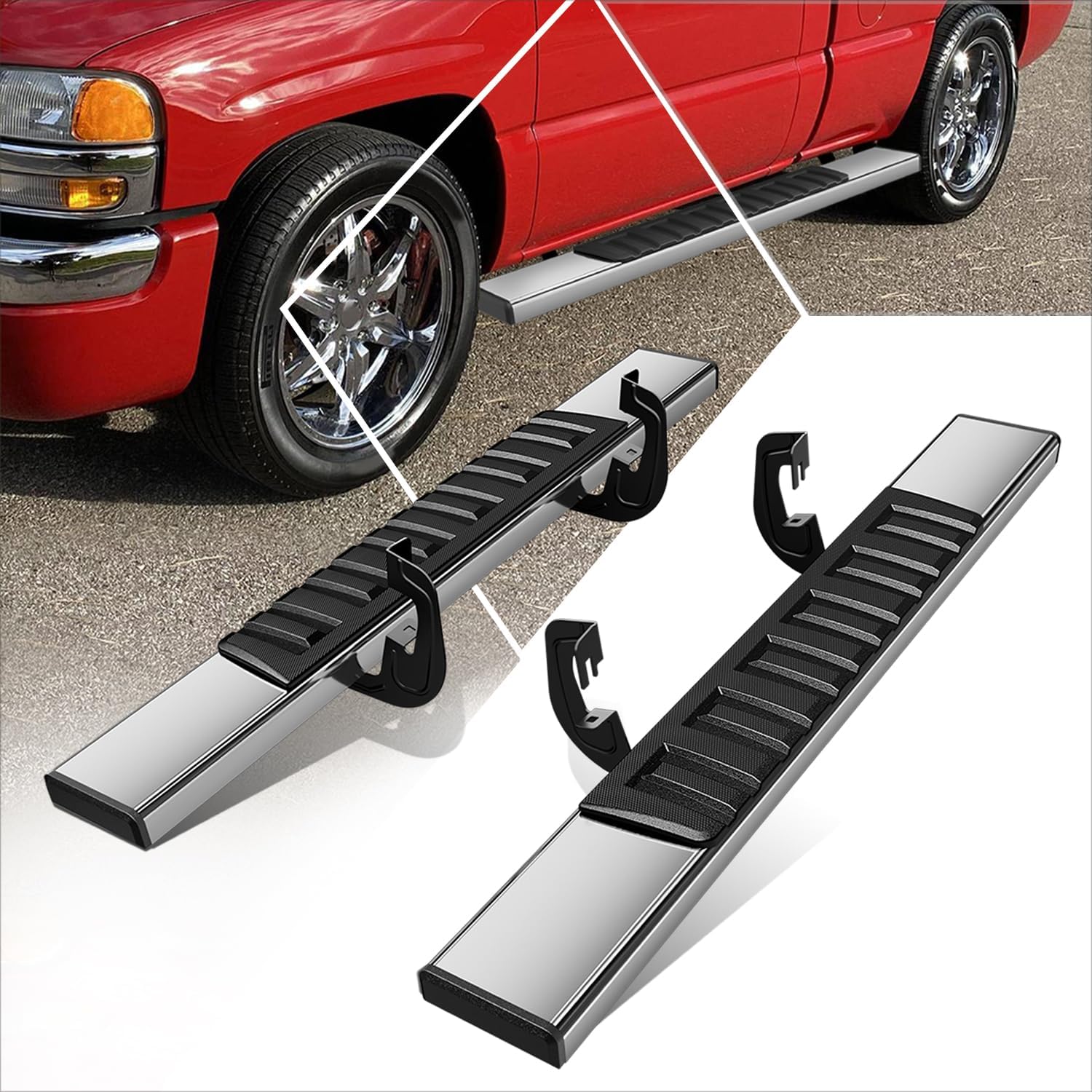 [Pair] 6.75 Inch Chrome Stainless Steel Running Boards Side Step Bars Compatible with 07-19 Silverado Sierra Regular Cab