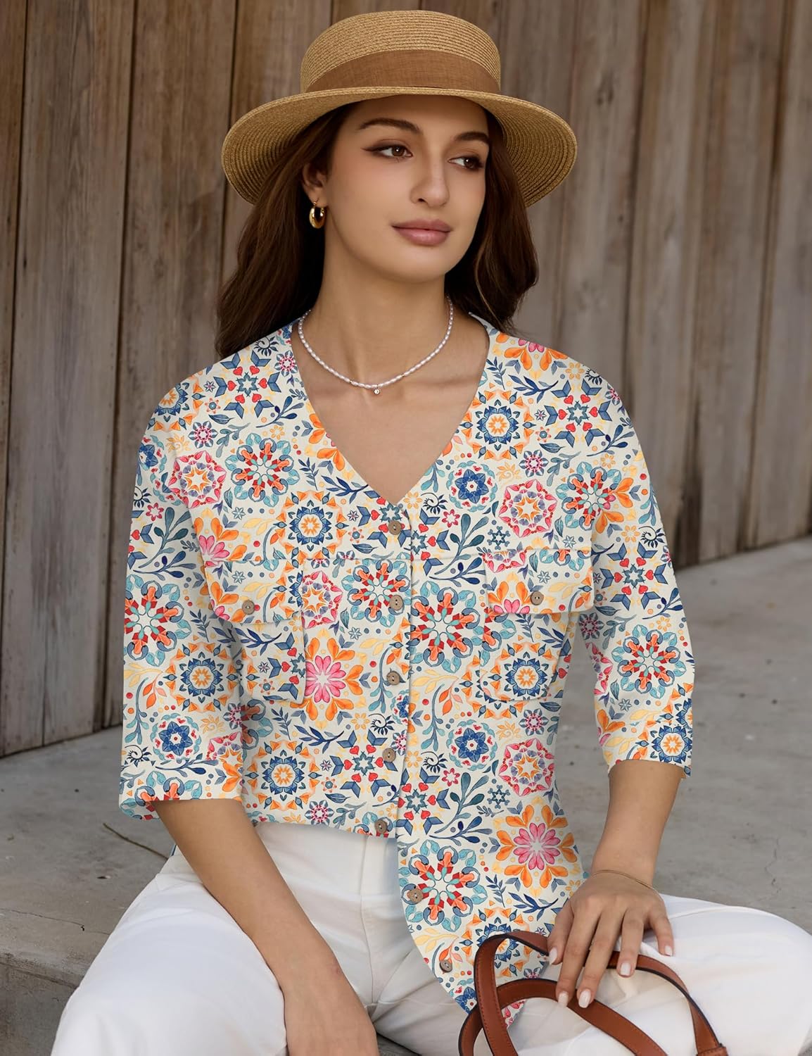 LOMON Women's Button Down Shirts Summer 3/4 Sleeve V Neck Blouses Lightweight Casual Office Work Tops with Pockets - Image 6