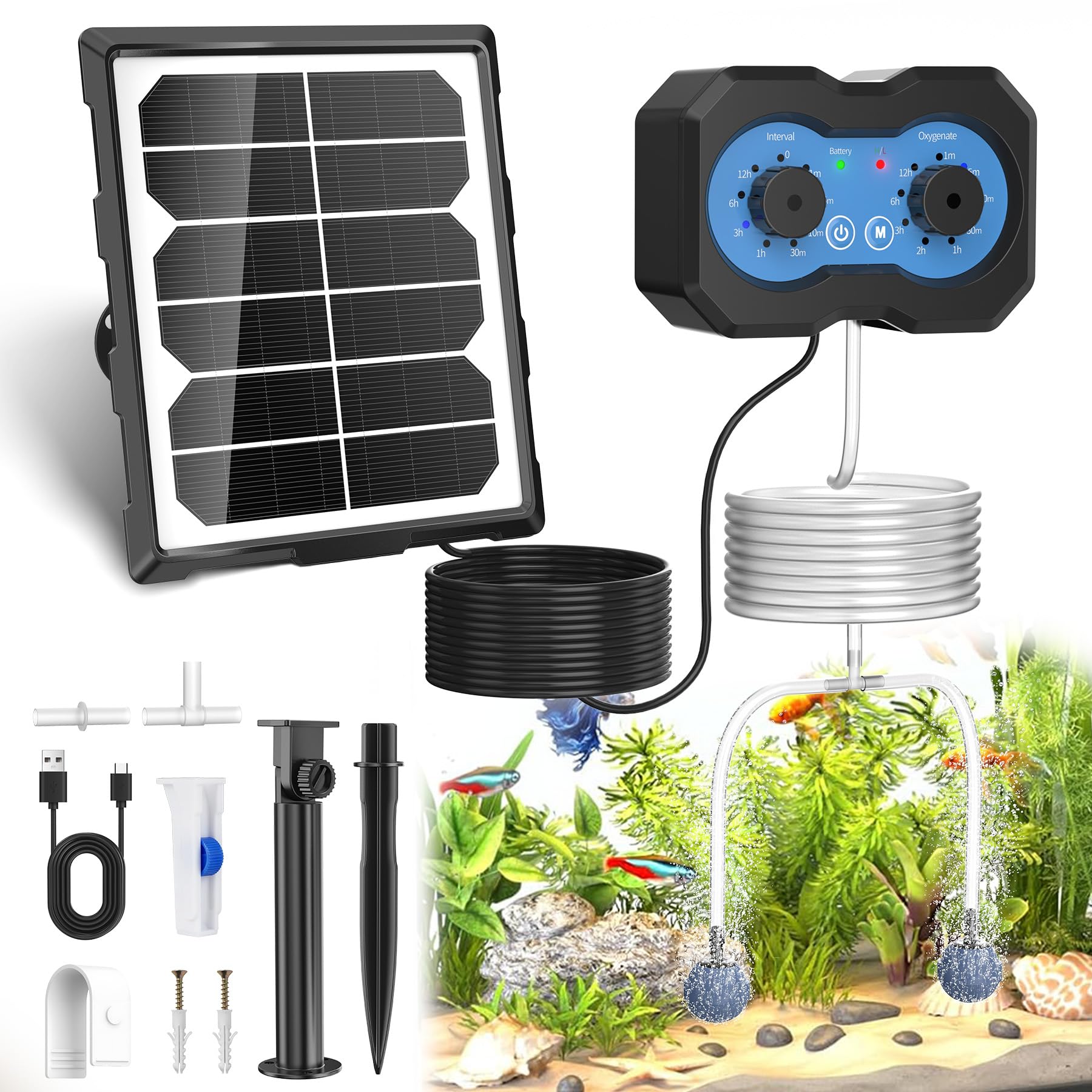 Forever Speed Aireador Solar para Estanque con Batería, 146 Modos Ajustables Bomba de Oxígeno Solar Recargable para Pequeño Estanque, Bomba de Oxígeno Aire Solar Doble Recarga Solar y USB | Aireador Solar para Estanque con Batería 2200mAh con 146 Modos Aj