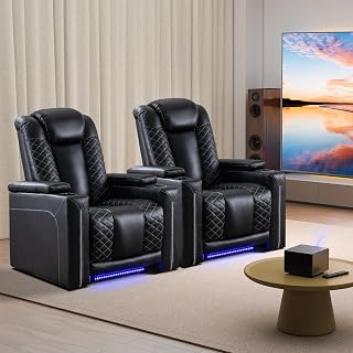 IOMOR Home Theater Seating with USB Ports and Cup Holders, Overstuffed Faux Leather Electric Power Recliner Chair with Hidden Arm Storage, Ambient Lighting Set of 2, Black