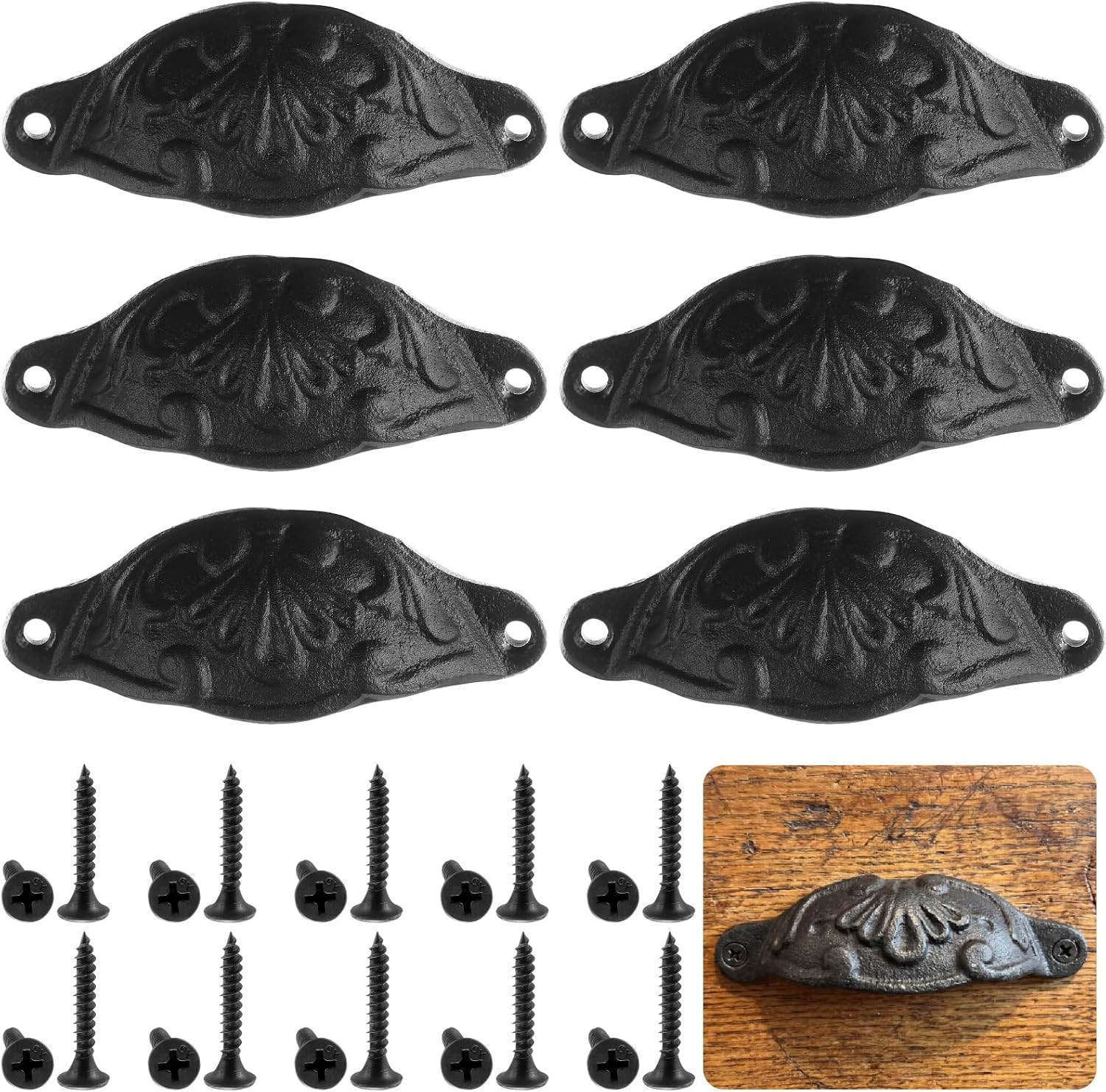 6 Pack Rustic Cabinet Handles 4.5 Inch Drawer Pulls, Black Wrought Iron Farmhouse Vintage Cup Handles for Kitchen Cabinets Dresser Drawer Doors with Screws