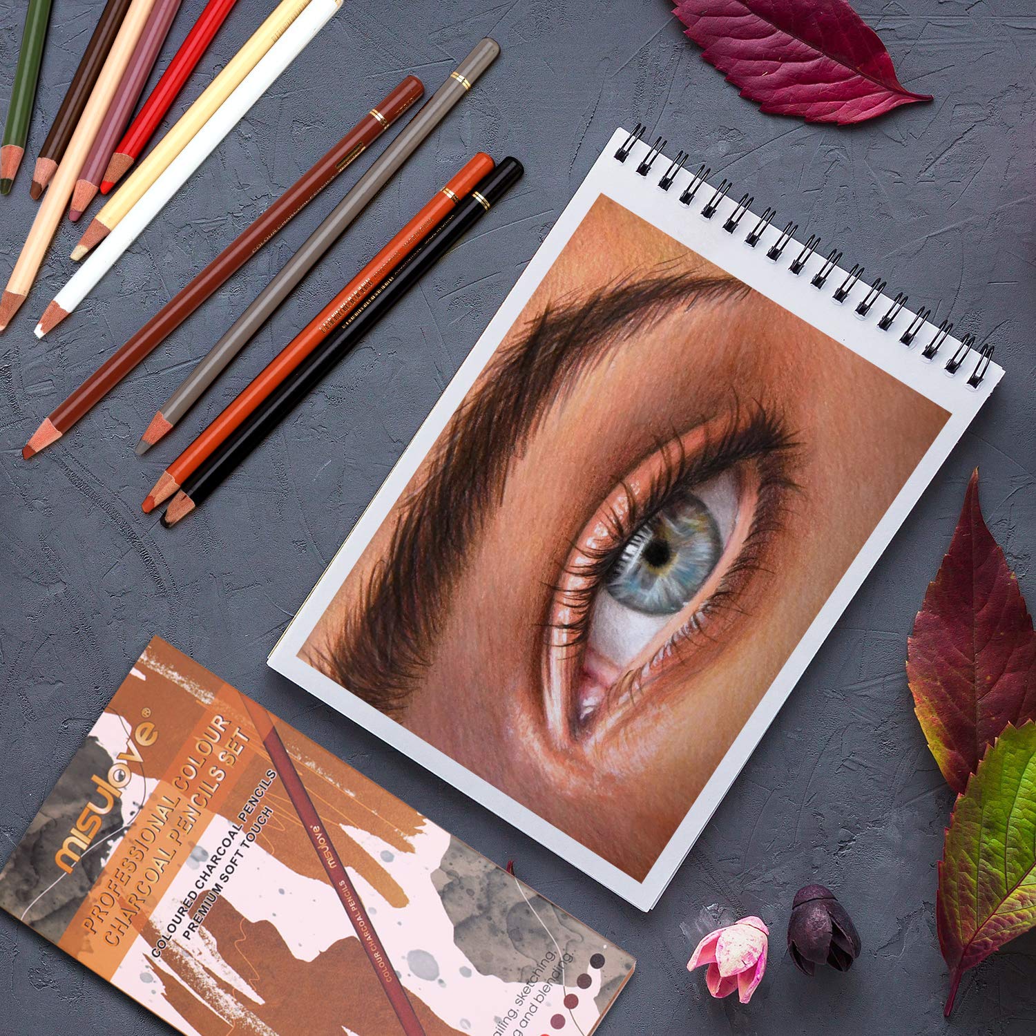 MISULOVE Charcoal Pencils Drawing Set, 12 Colors Professional Soft Pastel Pencils, Skin Tone