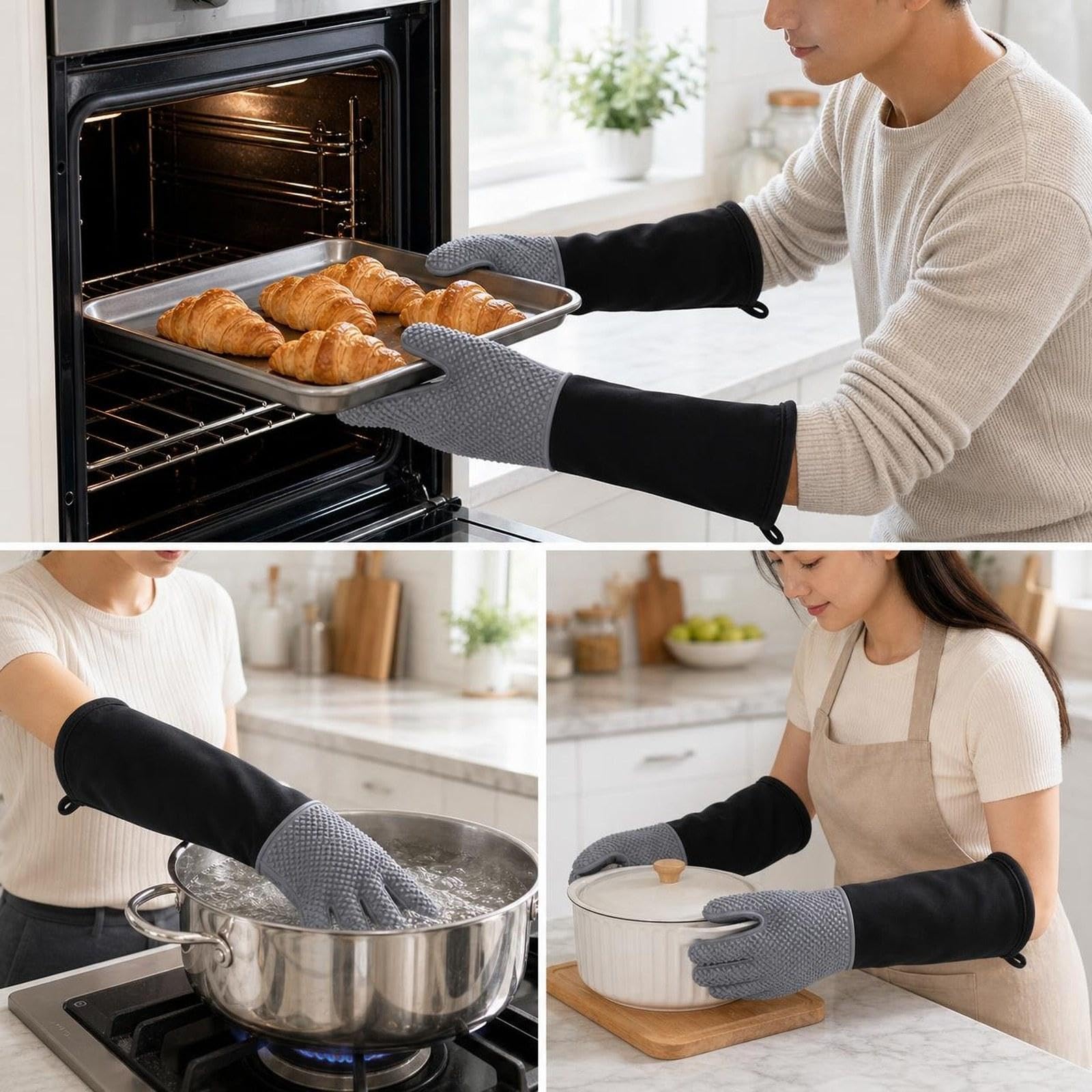 Lot de 5 Gants de Cuisine Extra Longs, Imperméables, Professionnels et Multifonctionnels, avec Poignée en Silicone Résistante à La Chaleur, pour, 4 pièces