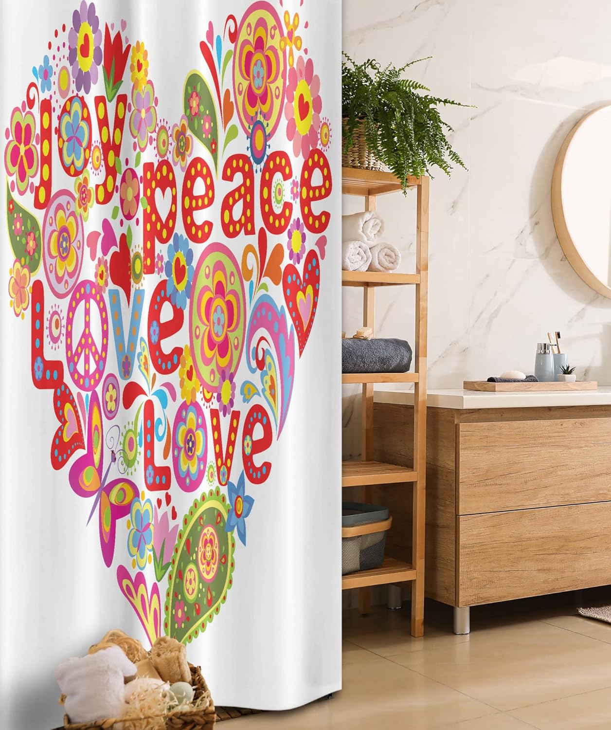 Ambesonne Groovy Stall Shower Curtain, Print with Colorful Hippie Style Floral Heart Spring Happiness Joy Wish Hope Message, Fabric Bathroom Decor Set with Hooks, 36" W x 72" L, White Red Jade Green