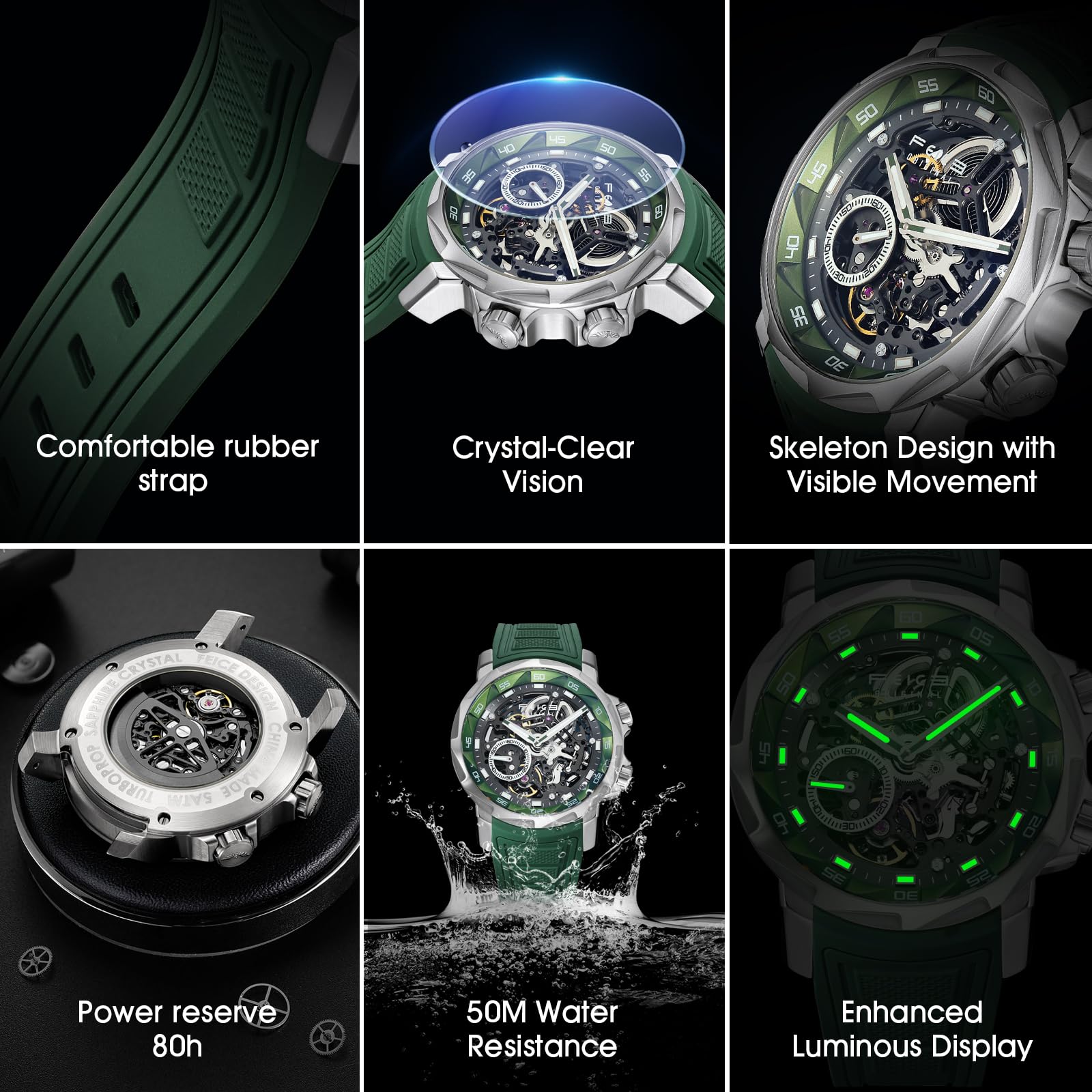 FEICE Orologio Automatico Uomo Orologio Scheletro Vetro Zaffiro con Cinturino Gomma Verde Acciaio Inossidabile Cassa 46mm FM511