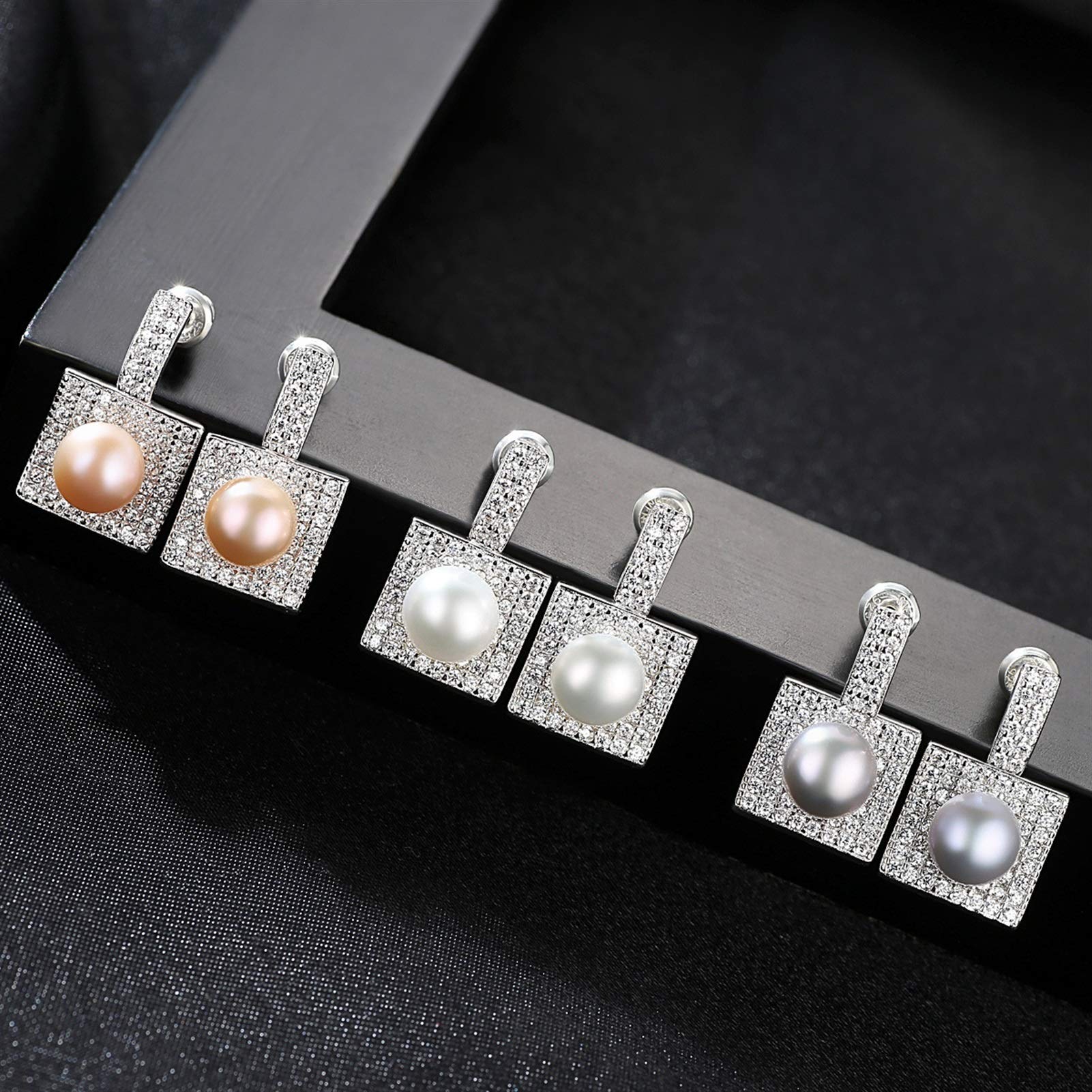 Orecchini Gioielli Orecchini quadrilateri con Perle Hao Shi intarsiate in Argento Sterling Vintage alla Moda (Rosa)
