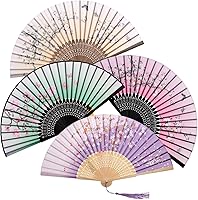 Vista 1 de YKYUASD 4 abanicos florales de mano para mujer, abanicos plegables de bambú de seda, plegables, estilo chino, japonés, patrón retro para bailar