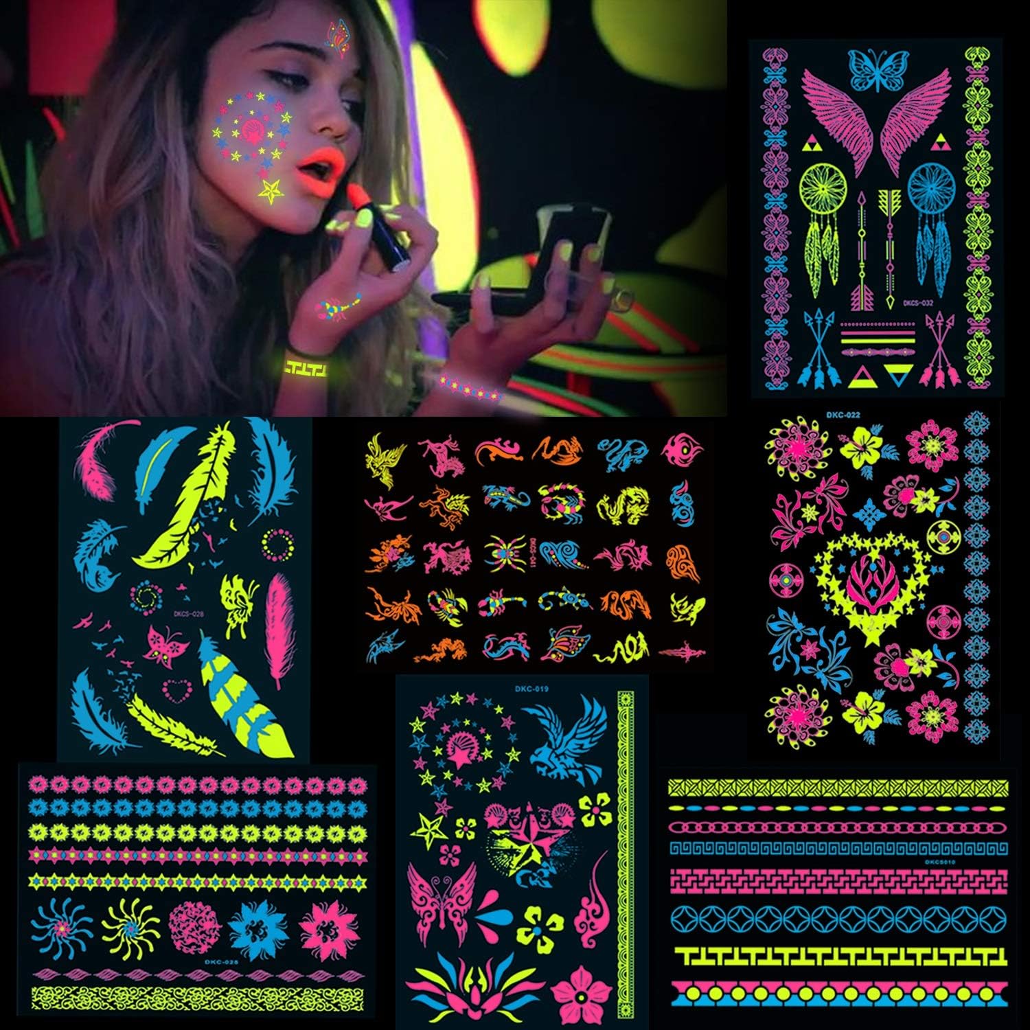 HOWAF 7 Large Sheets Neon Temporary Tattoos, 100+ Shimmer Designs Glow UV Neon Body Face Skin Tattoo Jewellery Tattoos Flash Fake Waterproof Tattoo Stickers for Women Girls Body Art