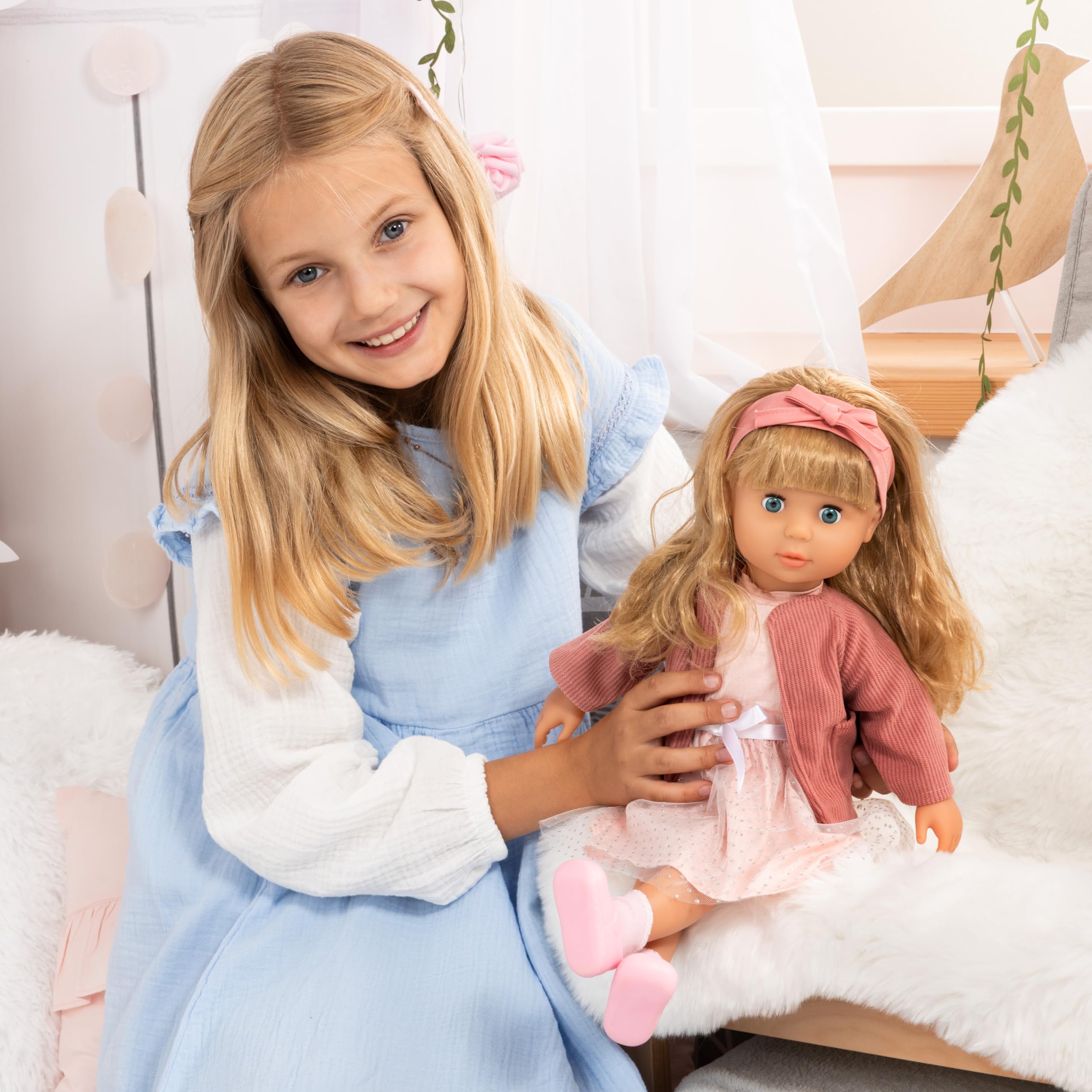 Bayer Design Charlene muñeca interactiva con Pelo, ríe, con Sonido de Beso | muñeca funcional, cuerpo blando, ojos dormidos, accesorios, 46 cm