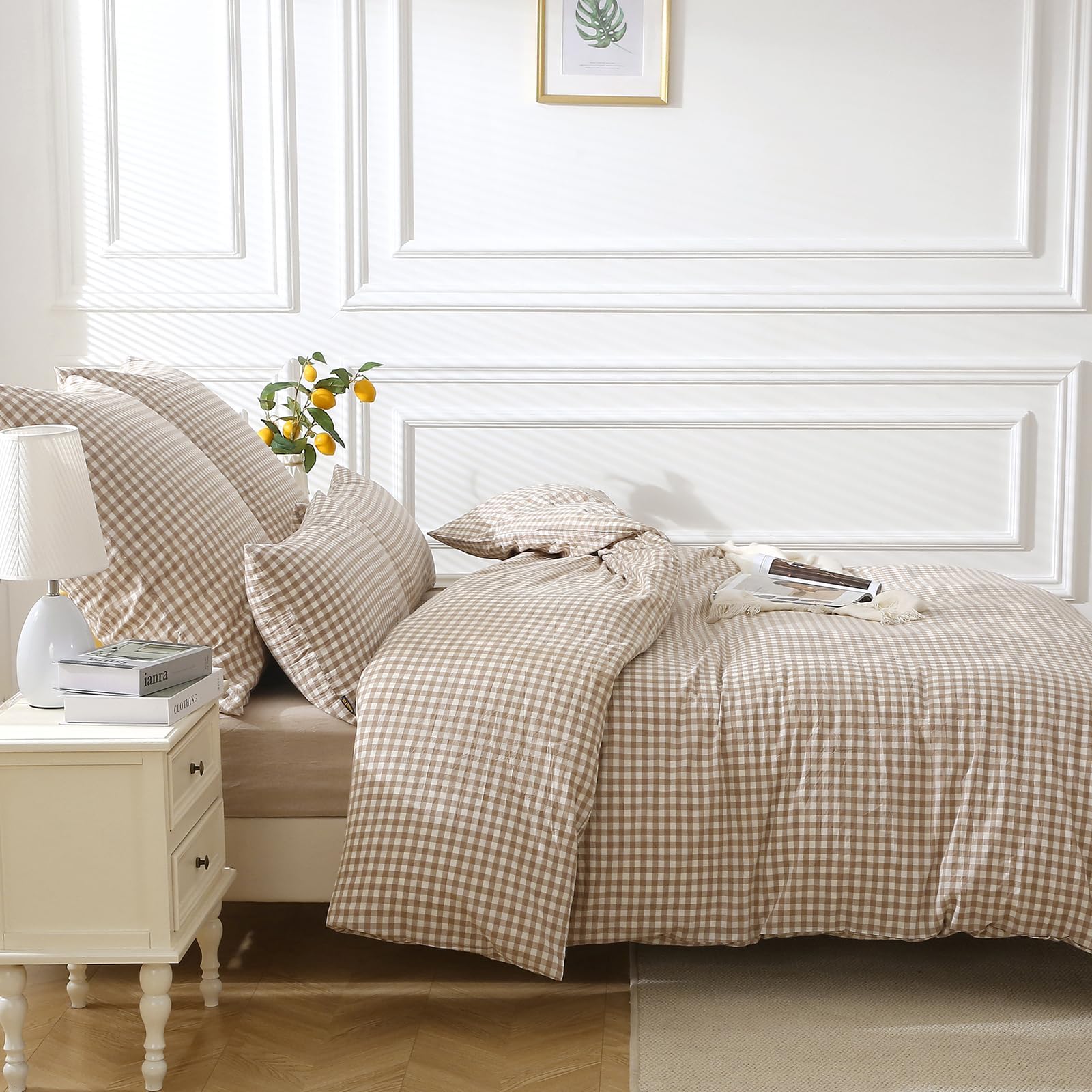SOULFUL Housse de Couette 220x240 Coton Carreaux - Beige Vichy | Parure de Lit 2 Personnes avec 2 Taies d'oreiller 65x65 cm - 100% Coton Lavé - Certifié Oeko-TEX - Fermeture Éclair