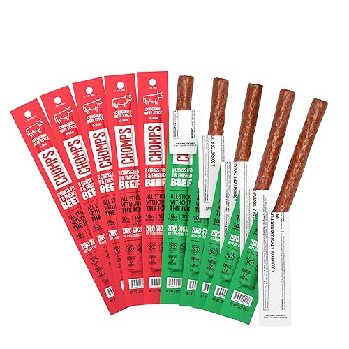 CHOMPS Grass Fed Beef Jerky Sticks, Variety Pack, 10 Sticks: (5) Original Beef, (5) Jalapeno Beef…