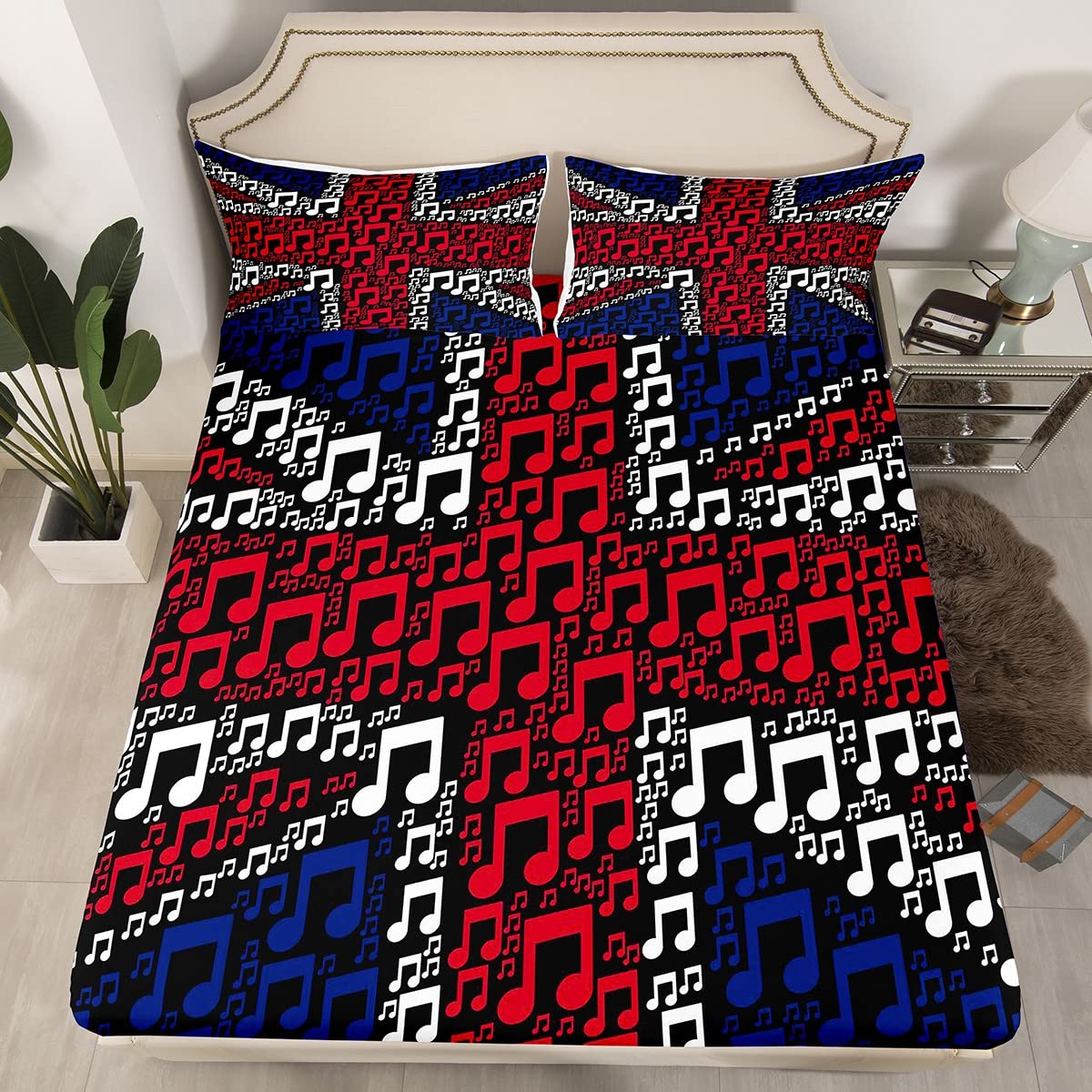 UK Flag Fitted Sheet Music Notes Flag Bedding Set for Kids Boys Girls United Kingdom Flag Bed Sheet Set Blue Red and White Breathable No Flat Sheet King Size
