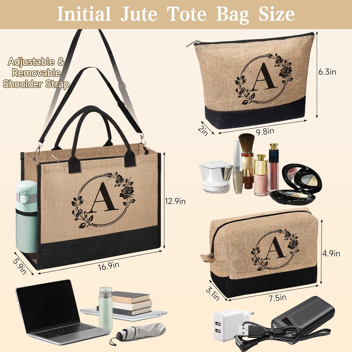 Personalized Gifts for Women, Initial Jute Tote Bag Monogrammed Beach Bag, Mothers Day & Birthday Gifts for Mom Women Friend - Image 3