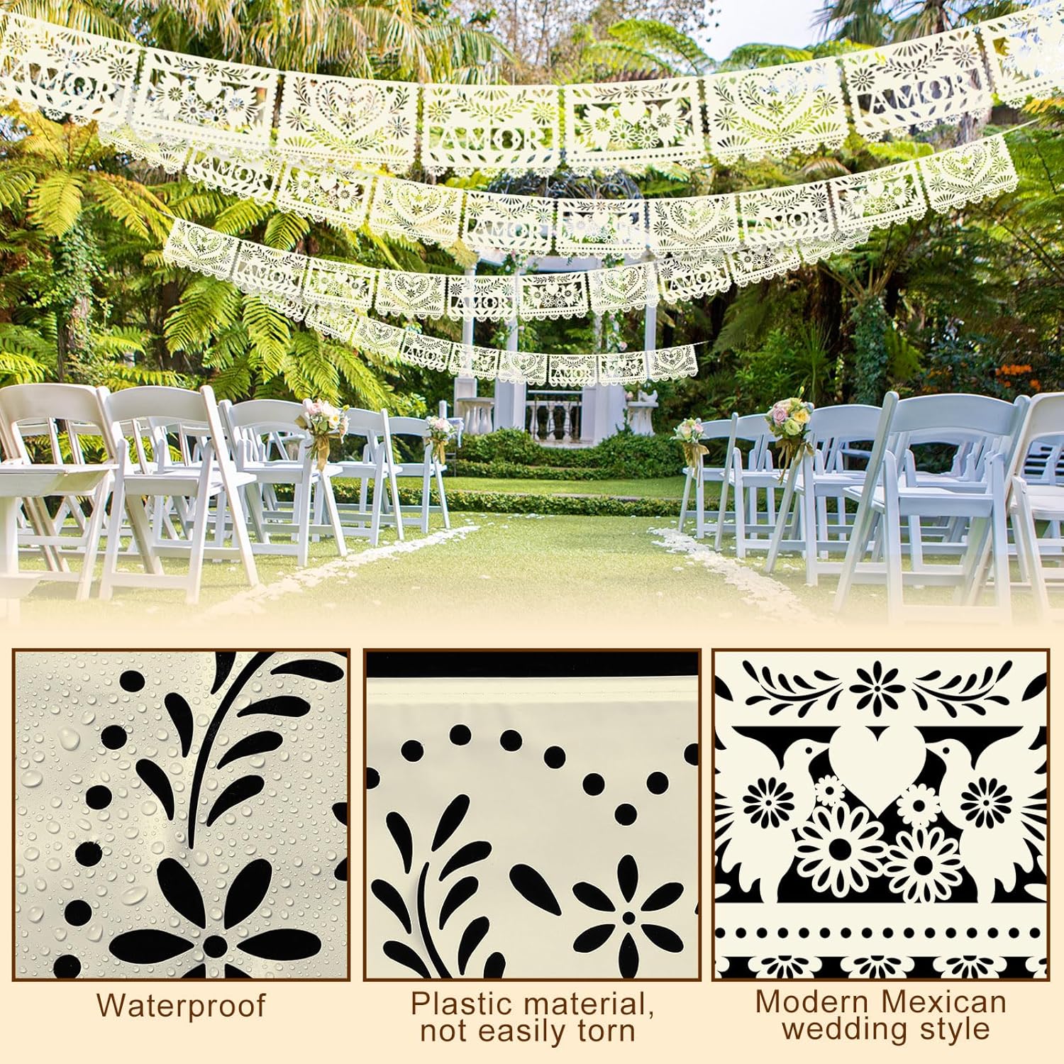 TaoBary 6 Pack Cream Mexican Papel Picado 118 Feet Mexican Wedding Party Banner Cielito Lindo Party Decoration Dia De Los Muertos Decor Fiesta Banner for Mexico Wedding Supplies (Amor)