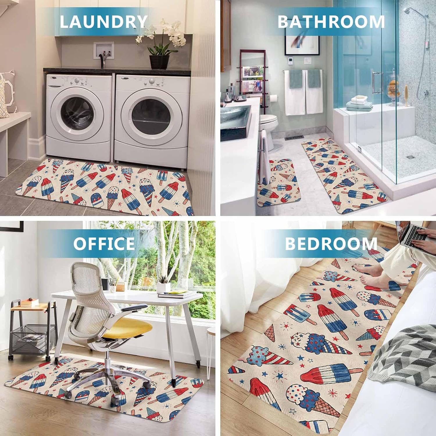 Prime Leader Retro Ice Cream Kitchen Mat Set 2 Pieces Independence Day Red Blue Star Abstract Non Slip Kitchen Rugs Washable Runner Rug Mats for Sink Laundry (23.6" x 35.4"+23.6" x 70.9")