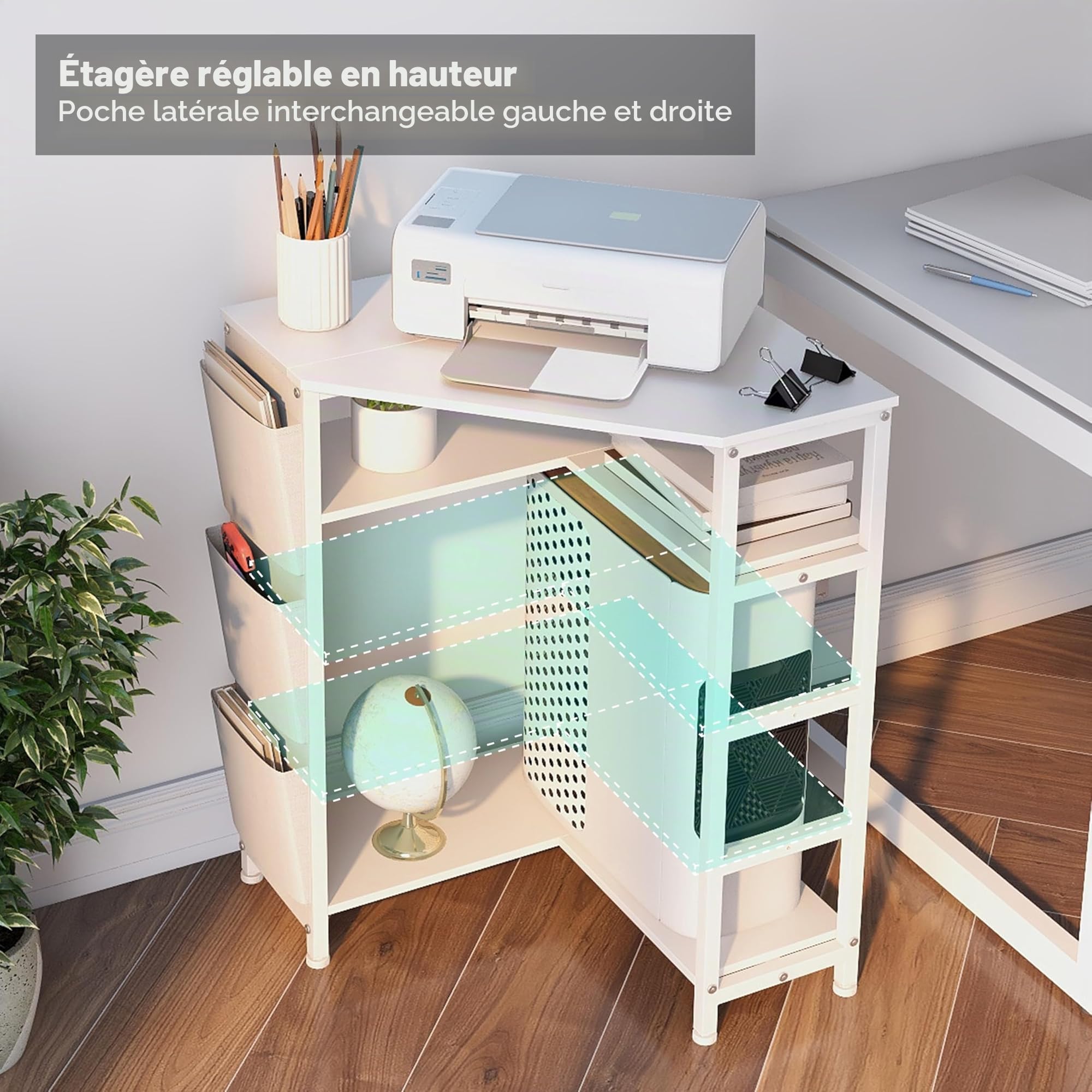 VedeCasa Table d'imprimante angle blanche 3 étages chargeur 2 prises 2 ports USB poches latérales pieds réglables support CPU