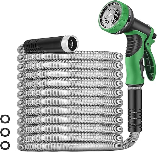 Manguera de jardín de metal de 50 pies, manguera de agua resistente de acero inoxidable 304 con boquilla de 10 funciones, sin enredos, sin