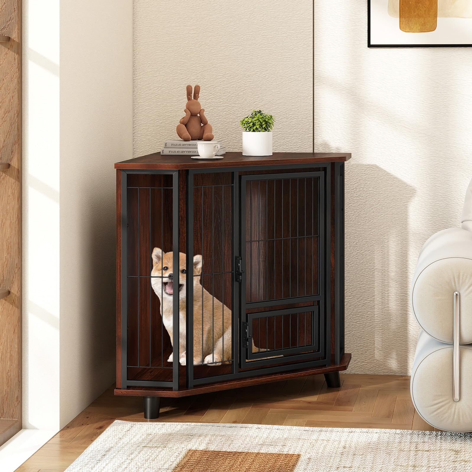FANTASK Hundebox Holz mit abschließbarer Tür, Eck Hundehütte mit stabilen Metallgittern & 3 Beinen, Hundemöbel platzsparend für kleine und mittelgroße Hunde, Innenbereich, 60 x 60 x 71,5 cm, Braun