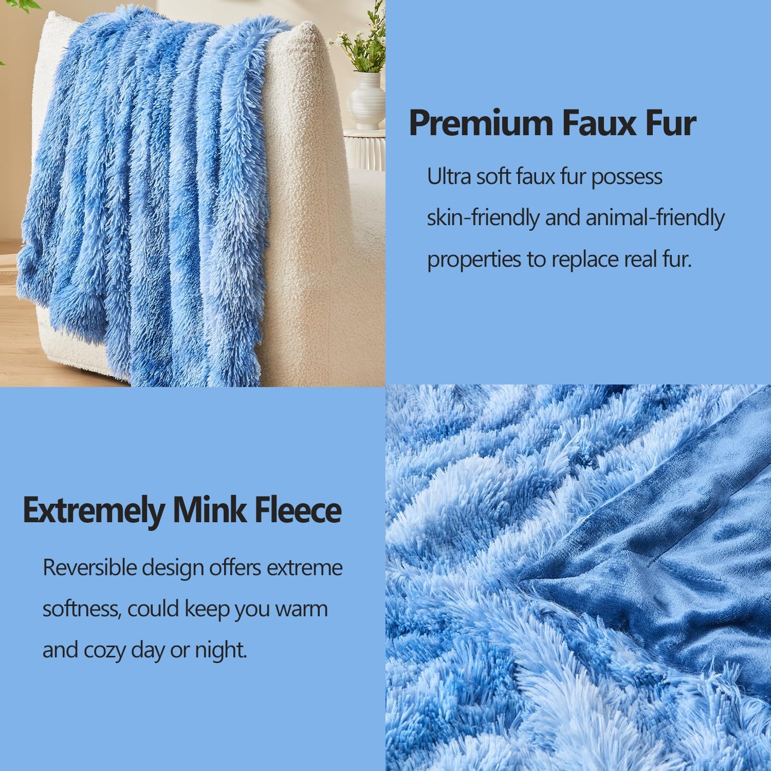 GONAAP Fuzzy Faux Fur Throw Blanket Indigo Super Soft Cozy Plush Fuzzy Shaggy Blanket for Couch Sofa Bed (Indigo, Throw(50"x60")) - Image 5