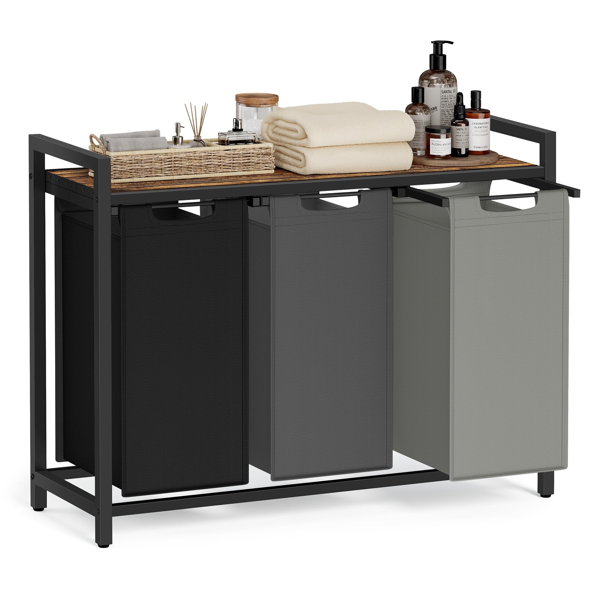 VASAGLE Laundry Basket, 3-Compartment Laundry Hamper, Pull-Out and Removable Liner Bags, Clothes Sorter, Shelf, Metal Frame, 3 x 40 L, 92.5 x 33 x 72 cm, Tricolour and Rustic Brown BLH301X01