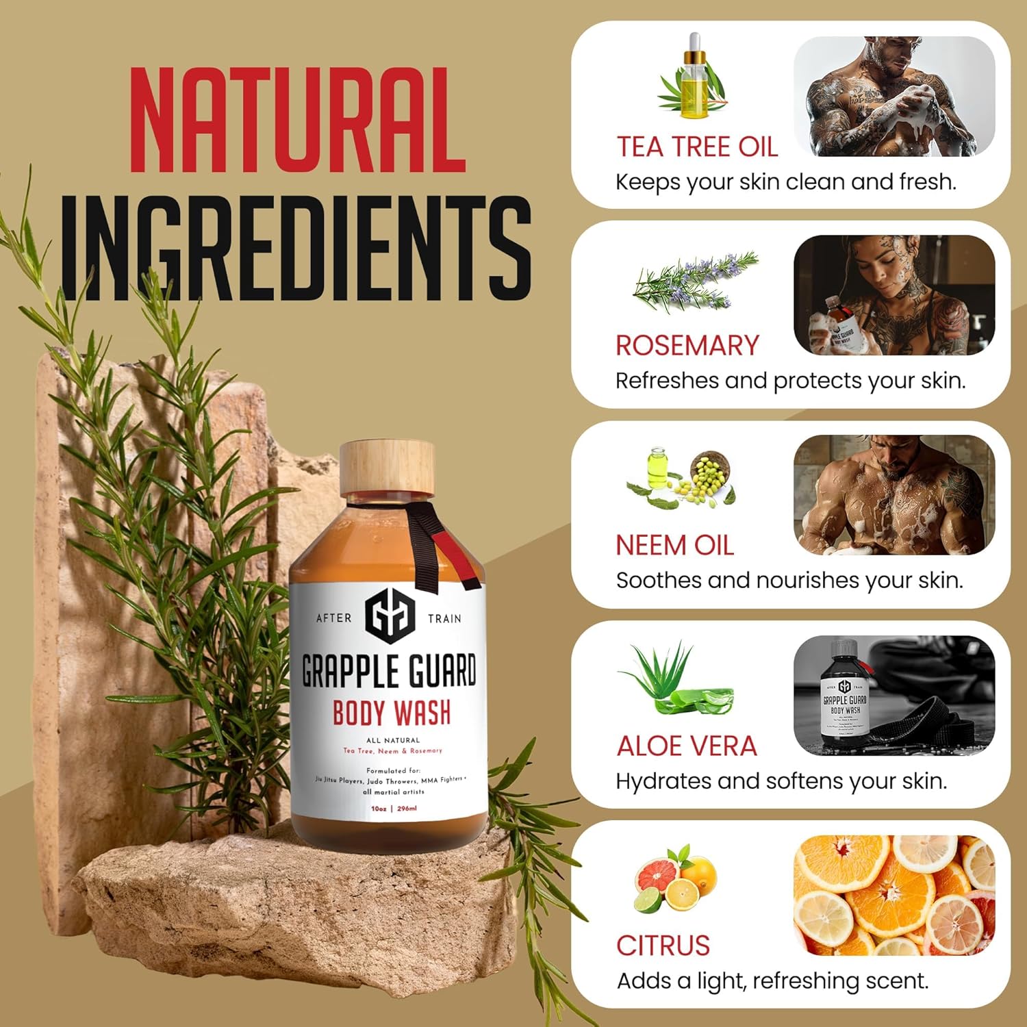 Grapple Guard Tea Tree Body Wash for Men and Women - All Natural Body Wash/Soap with Citrus Scent, Neem & Rosemary Oils for Grappling Enthusiasts, Jiu Jitsu, MMA, & Judo Athletes, 10 oz
