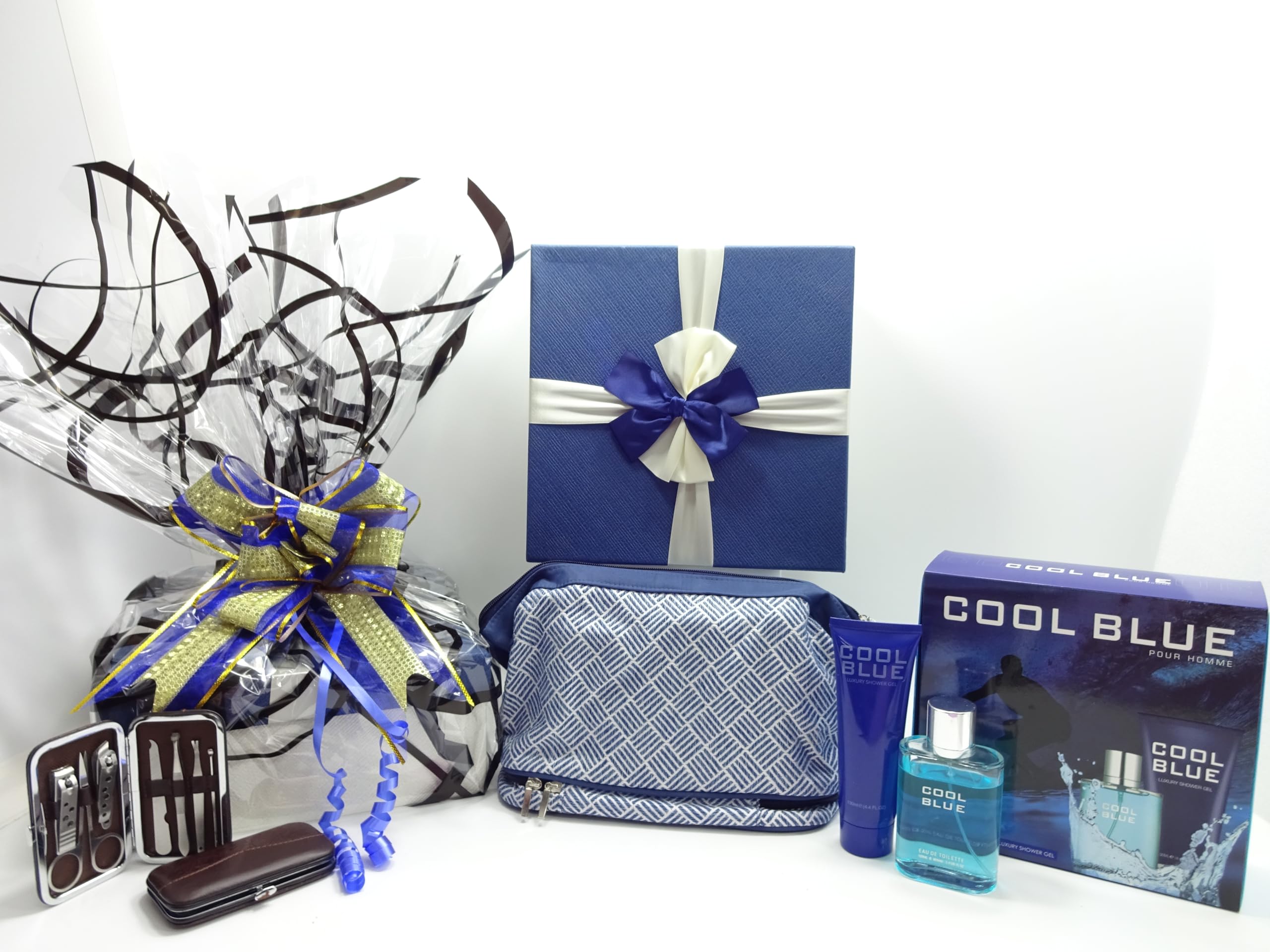 Cool Blue 2 szt. Zestaw upominkowy perfum 100 ml EDT i 130 ml luksusowy żel pod prysznic, zestaw do manicure + kosmetyczka, opakowanie prezentowe kosz na prezent dla niego