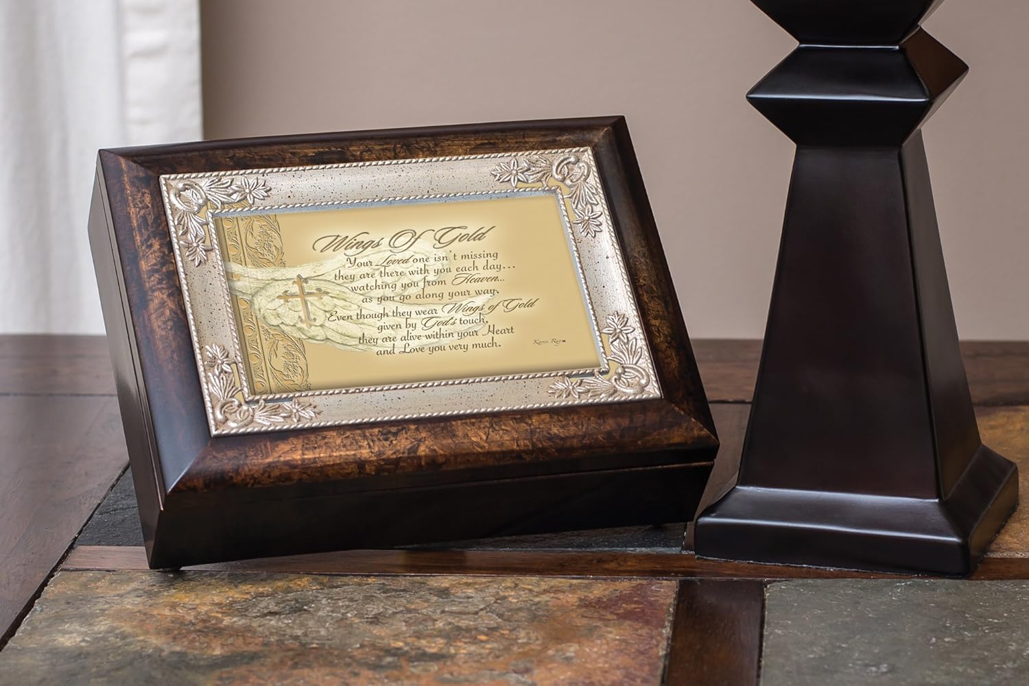 Cottage Garden Wings of Gold Loved One Watching Burlwood Jewelry Music Box Plays Amazing Grace