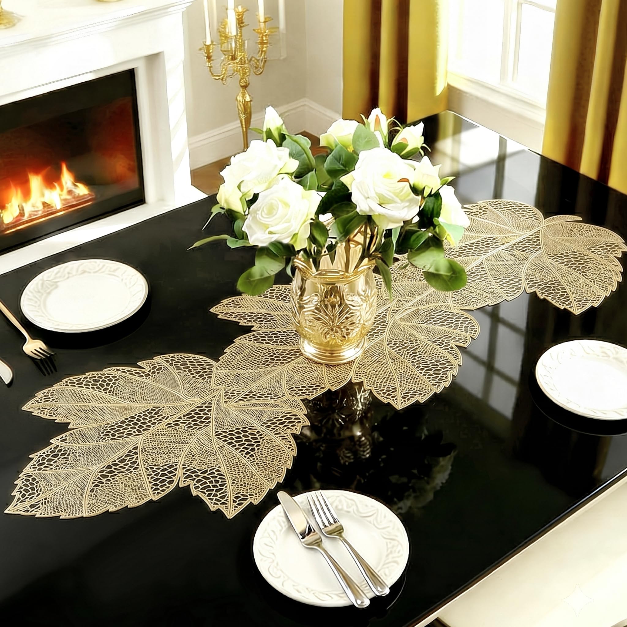 FAVE Gold Small Table Runner 36 Inch Heat Resistant Vinyl Table Cover for Dinner Party Wedding Decor(Maple Leaves)