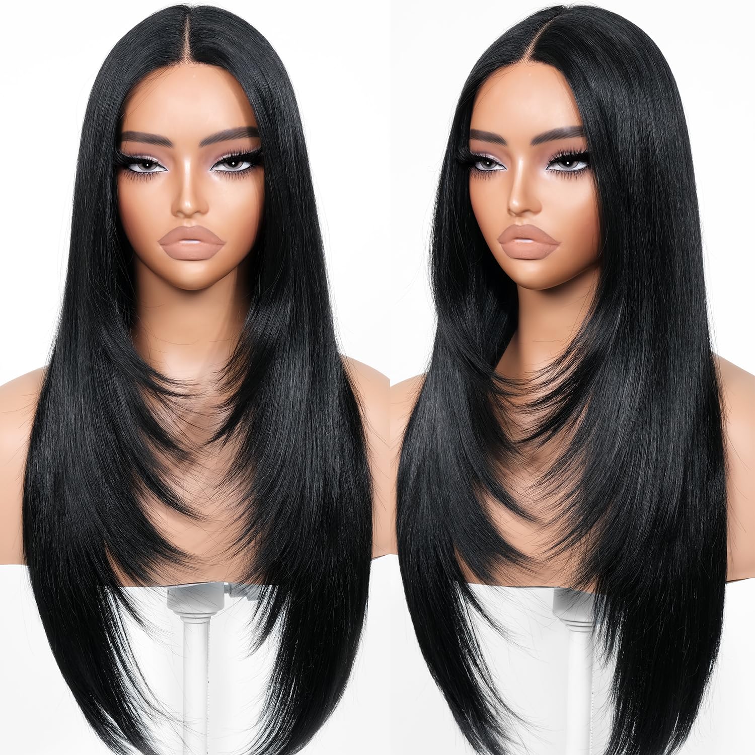 Black Wear and Go Glueless Wigs Pre Plucked Pre Cut for Beginners Long Layered Straight Synthetic Lace Front Wigs with bangs 26 Inch Natural 1B 3 Seconds to Wear for Beginners