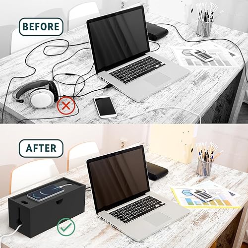 Miniatura 4 de Caja de organización de cables de bambú, caja organizadora de cables grande para ocultar cables y tiras de alimentación para almacenamiento de