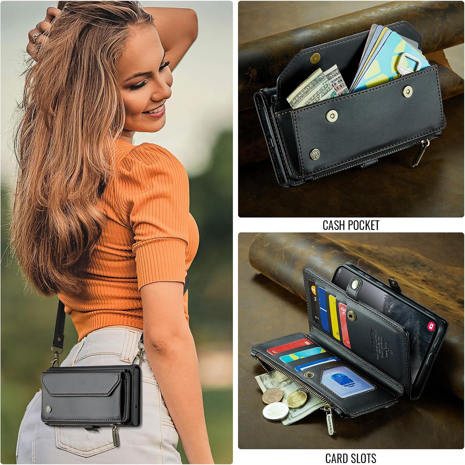 for Samsung Galaxy S25 Plus/S24 Plus Case for Women Men Multi-Function Wallet Case with RFID Blocking (Black)