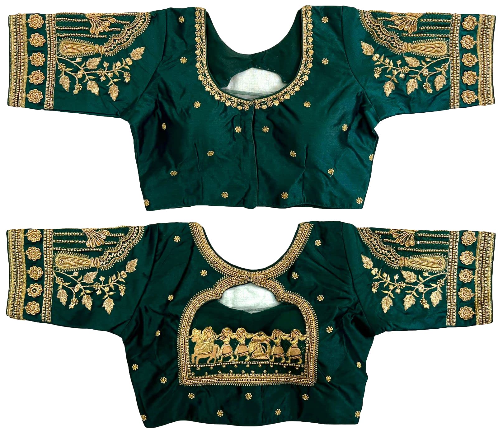Pujia Mills Women's Golden Zari Embroidery Work With Heavy Maggam Work Green Blouse(Ruby Green_38)