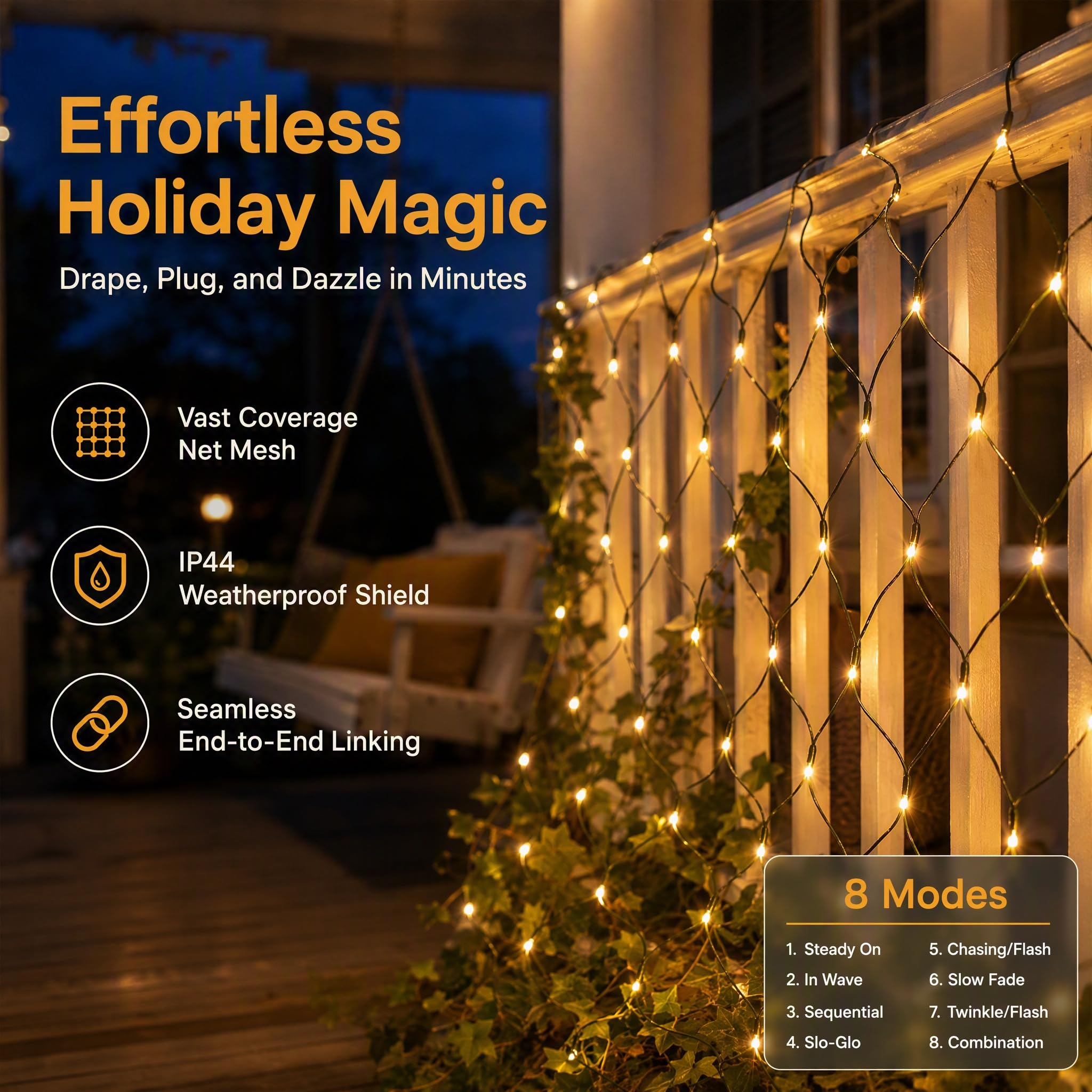 Rete luminosa per interni ed esterni, 6 x 4 m, luce bianca calda, impermeabile, IP44, con 8 modalità di illuminazione, per giardino, balcone, stanza, decorazione della casa, feste e decorazioni