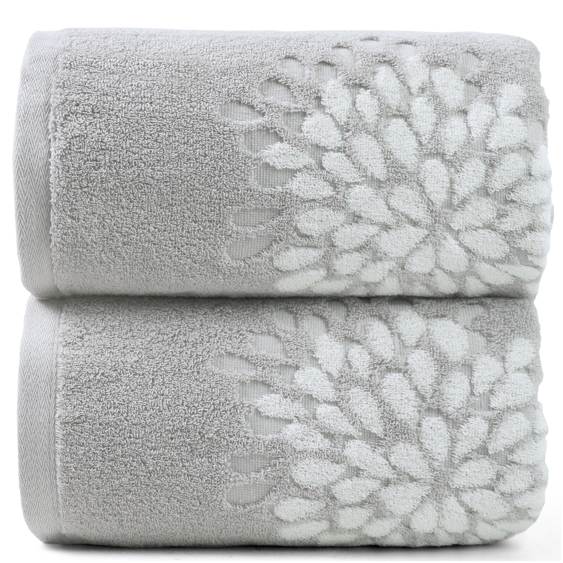 Cute Bath Towels Set of 2 Light Grey - Large 55 x 28 Decorative Hydrangea Floral Jacquard Guest