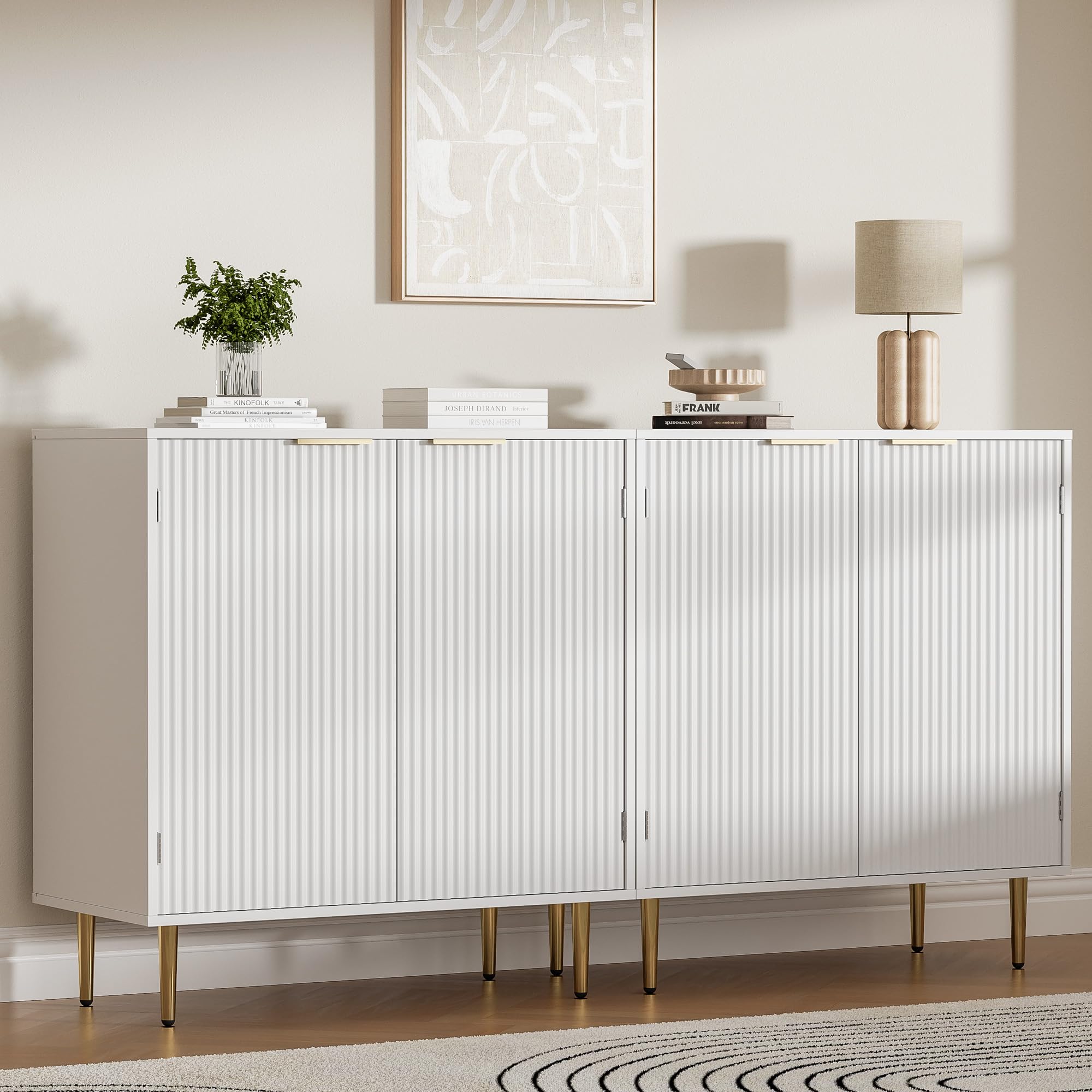 Housoul Buffet Sideboard Cabinet [Set of 2] with 4 Doors, Modern Cabinet with with Adjustable Shelf, Golden Handles & Legs, Coffee Bar Sideboard for