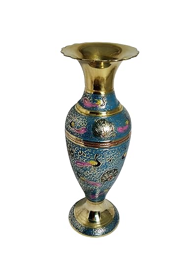 MOZO HUB Brass Hand Crafted Jar Pattern Sky Blue Flower Vase 30 cm